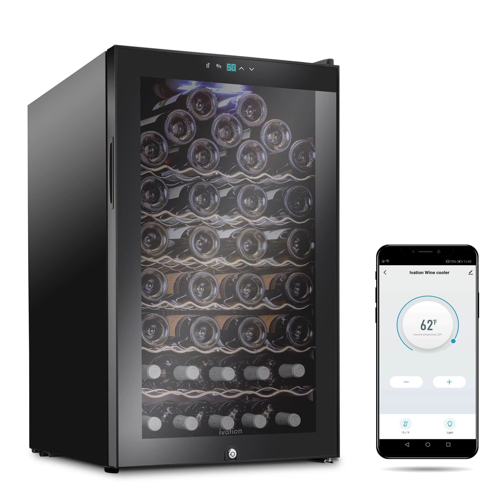 Ivation - 51 Bottle Freestanding Wine Refrigerator, Wine Fridge with Wi-Fi Smart App Control - Black