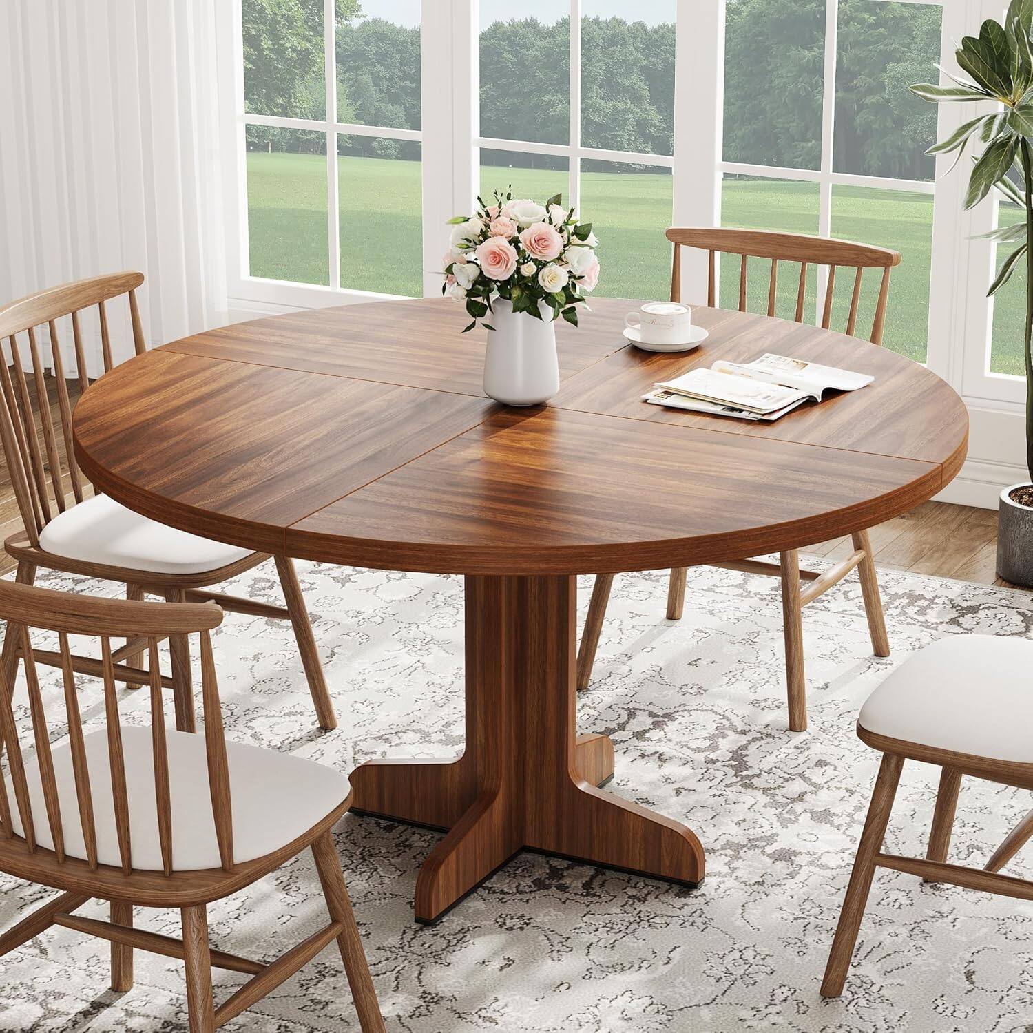 Front. Homhougo - Round Dining Table for 4 - 47-Inch Rustic Kitchen Table with Wooden Base - Walnut.