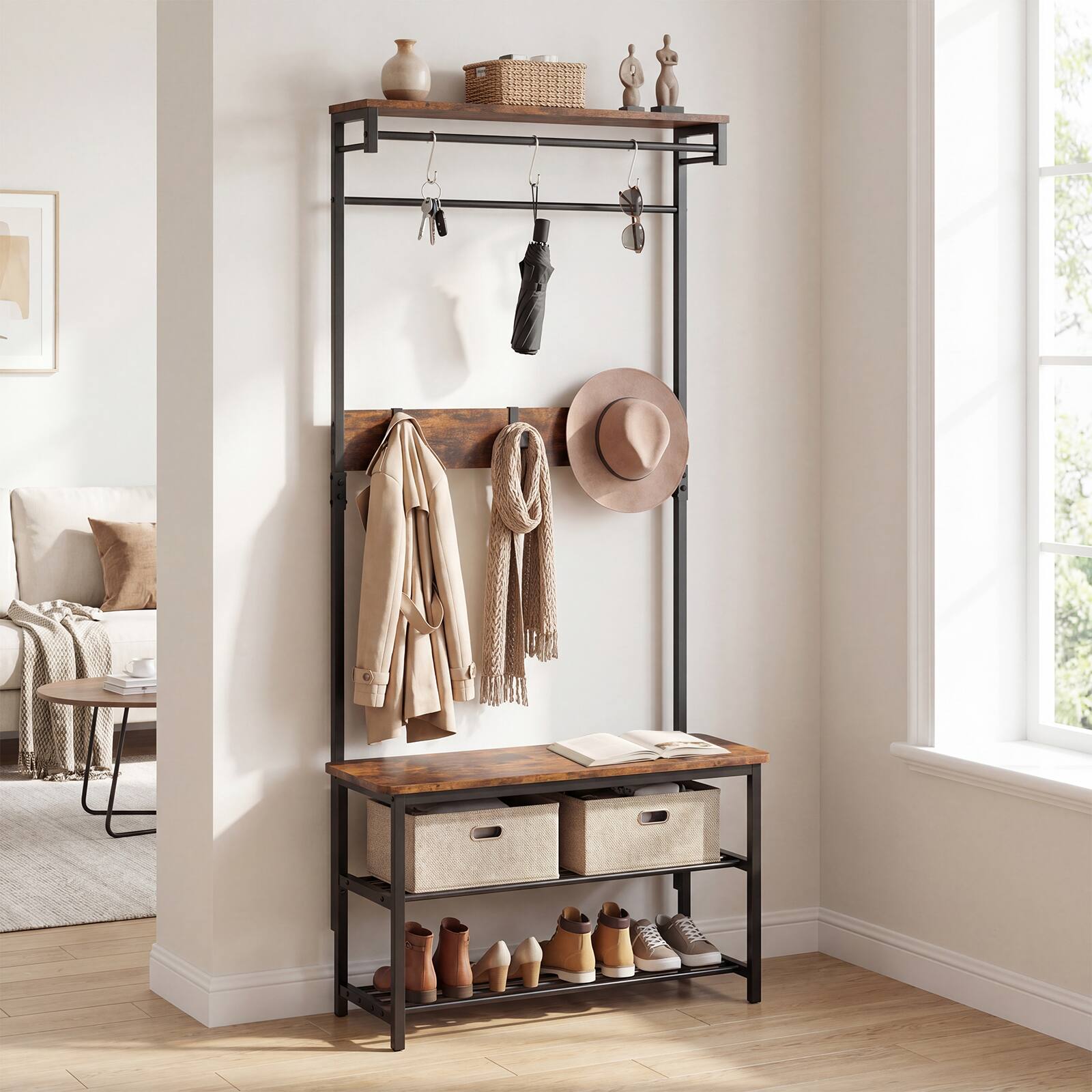 Alt View 4. Costway - Costway 4-in-1 Hall Tree: Coat Rack with Shoe Bench, Hanging Rod, Shelves & Removable Hooks - Rustic Brown + Black.