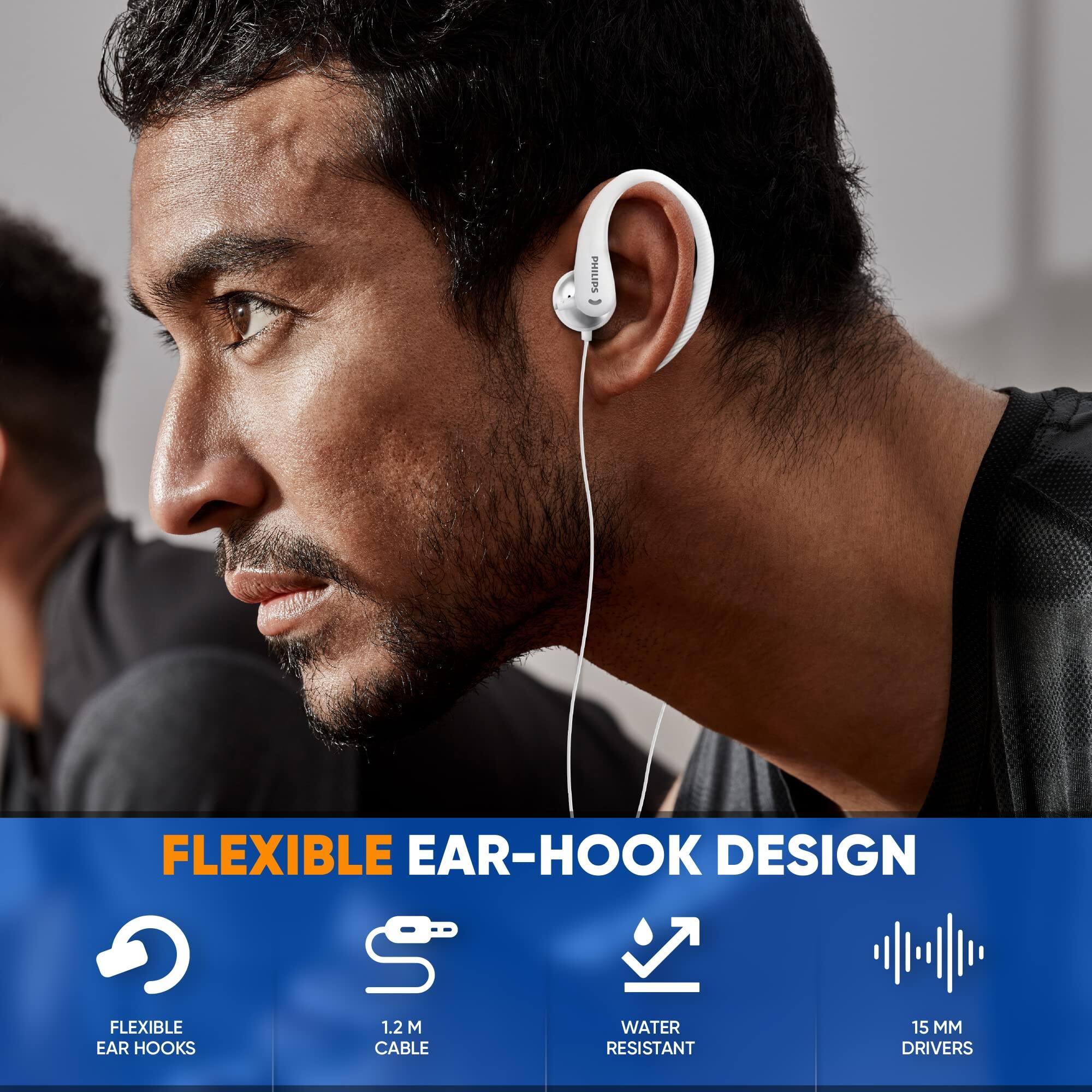 PHILIPS FLEXIBLE EAR-HOOK DESIGN  
- FLEXIBLE EAR HOOKS  
- 1.2 M CABLE  
- WATER RESISTANT  
- 15 MM DRIVERS