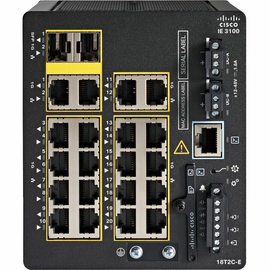 CISCO IE 3100  
18T2C-E  

SFP 1G  
1 2  

1G  
1 2 3 4 5 6 7 8 9 10  
11 12 13 14 15 16 17 18 19 20  

MAC ADDRESS  
LABEL  
SERIAL LABEL  

DCB  
+12V  
-48V  

CISCO  
COM J  
REF  

18T2C-E