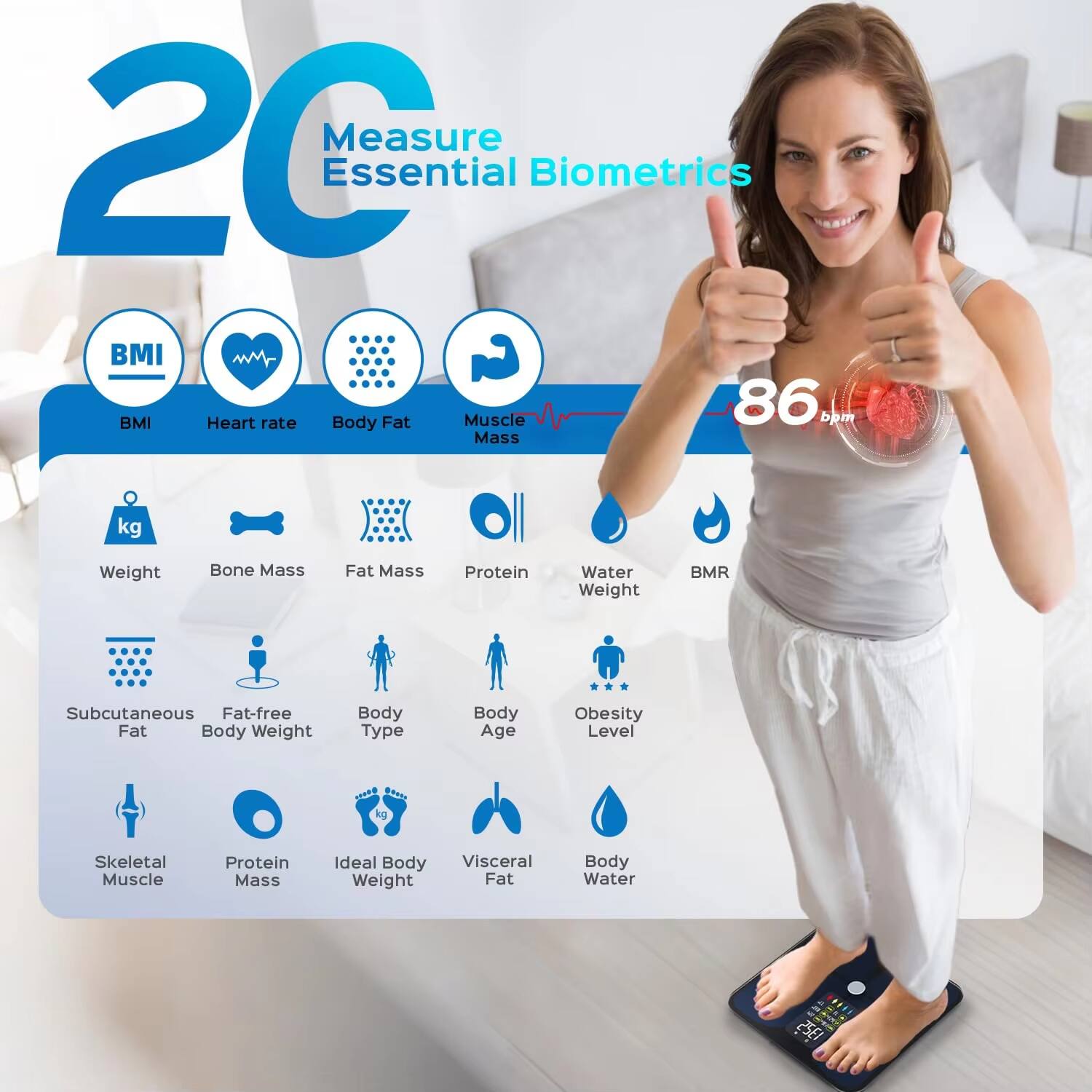 20 Measure Essential Biometrics

- BMI
- Heart rate
- Body Fat
- Muscle Mass
- Weight (kg)
- Bone Mass
- Fat Mass
- Protein
- Water Weight
- BMR
- Subcutaneous Fat
- Fat-free Body Weight
- Body Type
- Body Age
- Skeletal Muscle
- Protein Mass
- Ideal Body Weight
- Visceral Fat
- Body Water
- Obesity Level