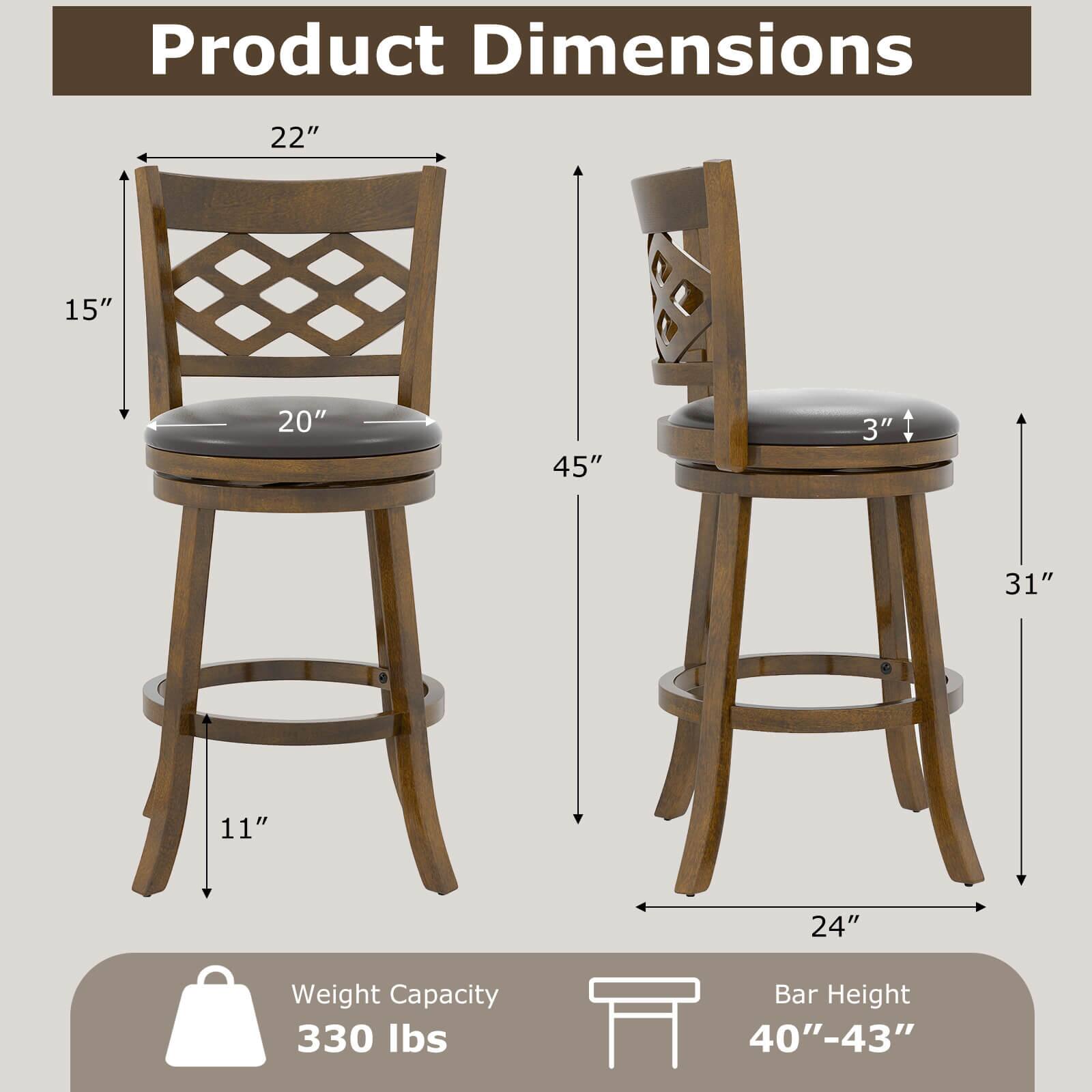 Product Dimensions: 22" x 15" x 20" x 45" x 3" x 31" x 11" x 24"  
Weight Capacity: 330 lbs  
Bar Height: 40"-43"