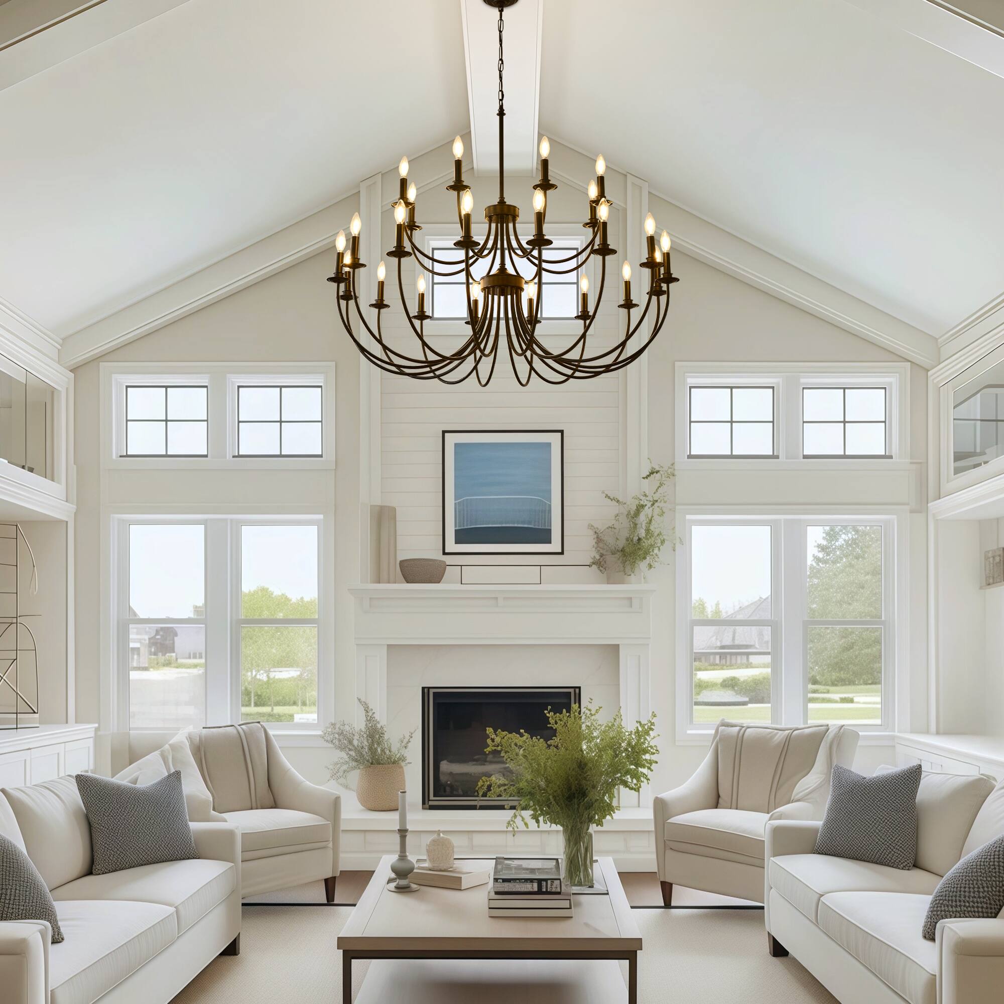 Angle. RYHNUYNE - 24 Lights Black Chandelier, 2-Tier Farmhouse Chandeliers for Dining Room, Large Industrial Candle Pendant Light Fixtures - Black.