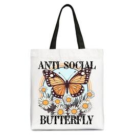 OrnamentallyYou - Anti Social Butterfly Canvas Tote Bag, Retro Gift Shopper for Quirky and Independent Women - White Black