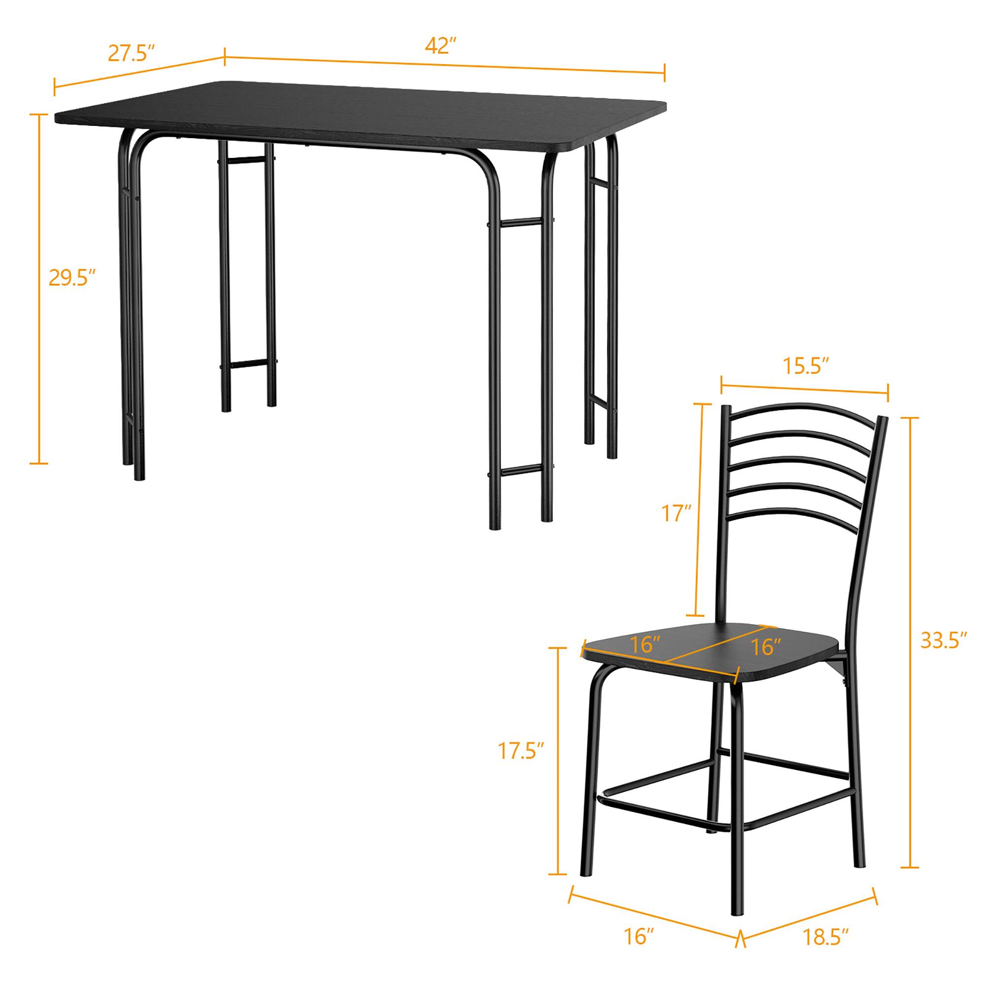 The text on the image reads: 27.5" 42" 29.5" 15.5" 17" 16" 16" 33.5" 17.5" 16" 18.5". This text is describing the dimensions of a table and a chair. The table is 27.5" wide and 42" long, while the chair is 29.5" wide and 15.5" tall. The chair also has a seat height of 17" and a back height of 16". The chair is 33.5" wide and 17.5" tall.