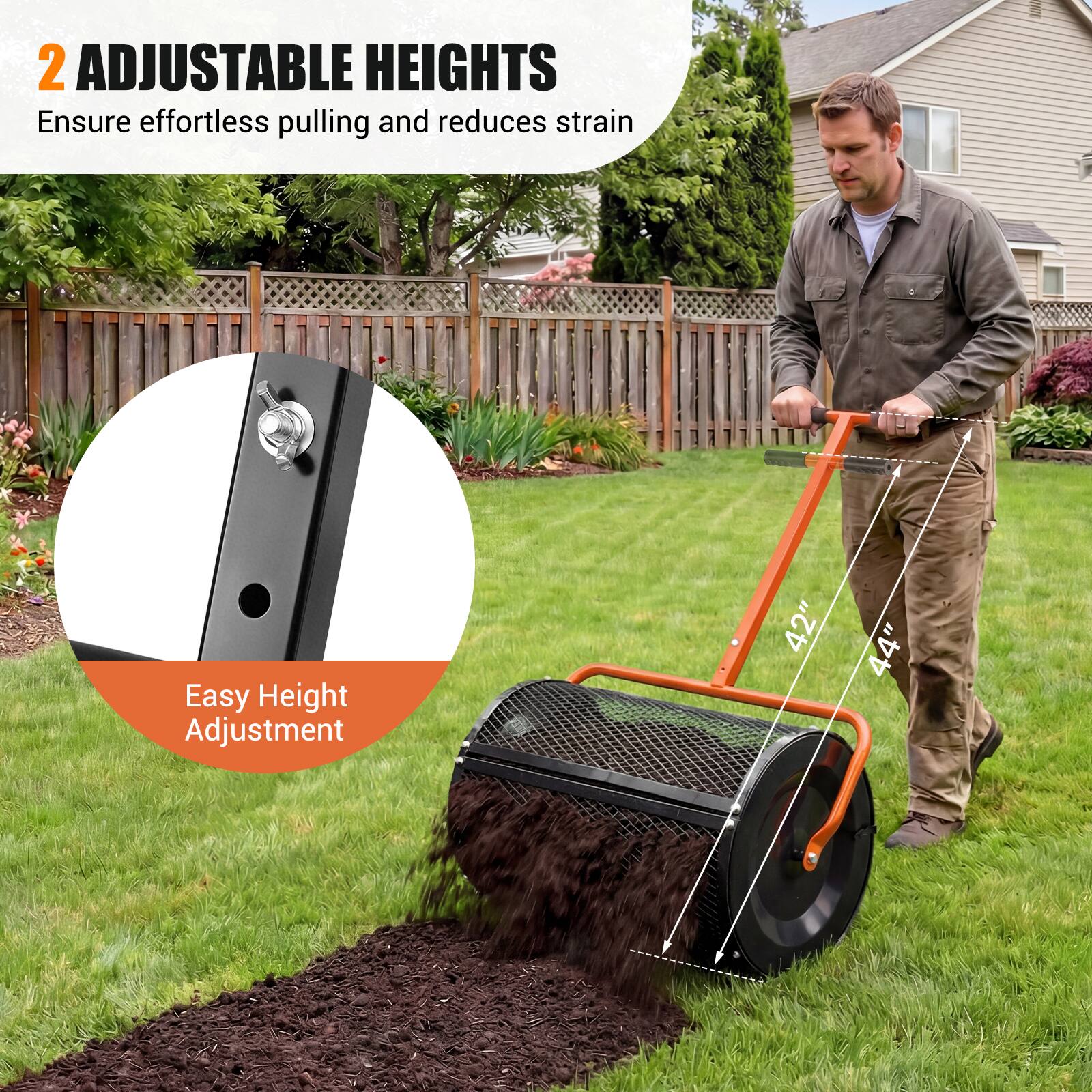 2 Adjustable Heights  
Ensure effortless pulling and reduces strain  

Easy Height Adjustment  
42" 44"