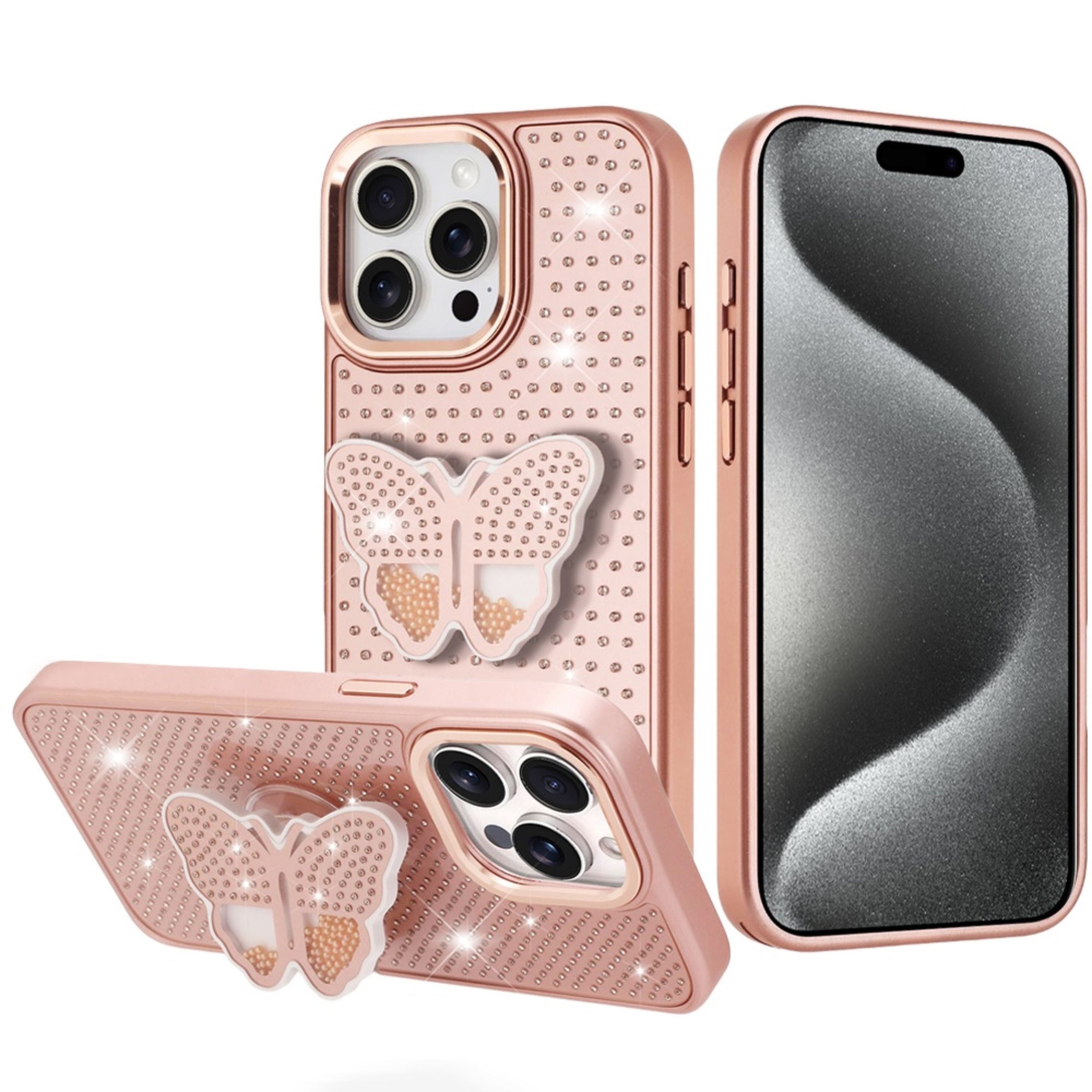 Kitcheniva - Butterfly Crystal Grip Stand Case With Tempered Glass For iPhone 15 Pro Max - Rose Gold