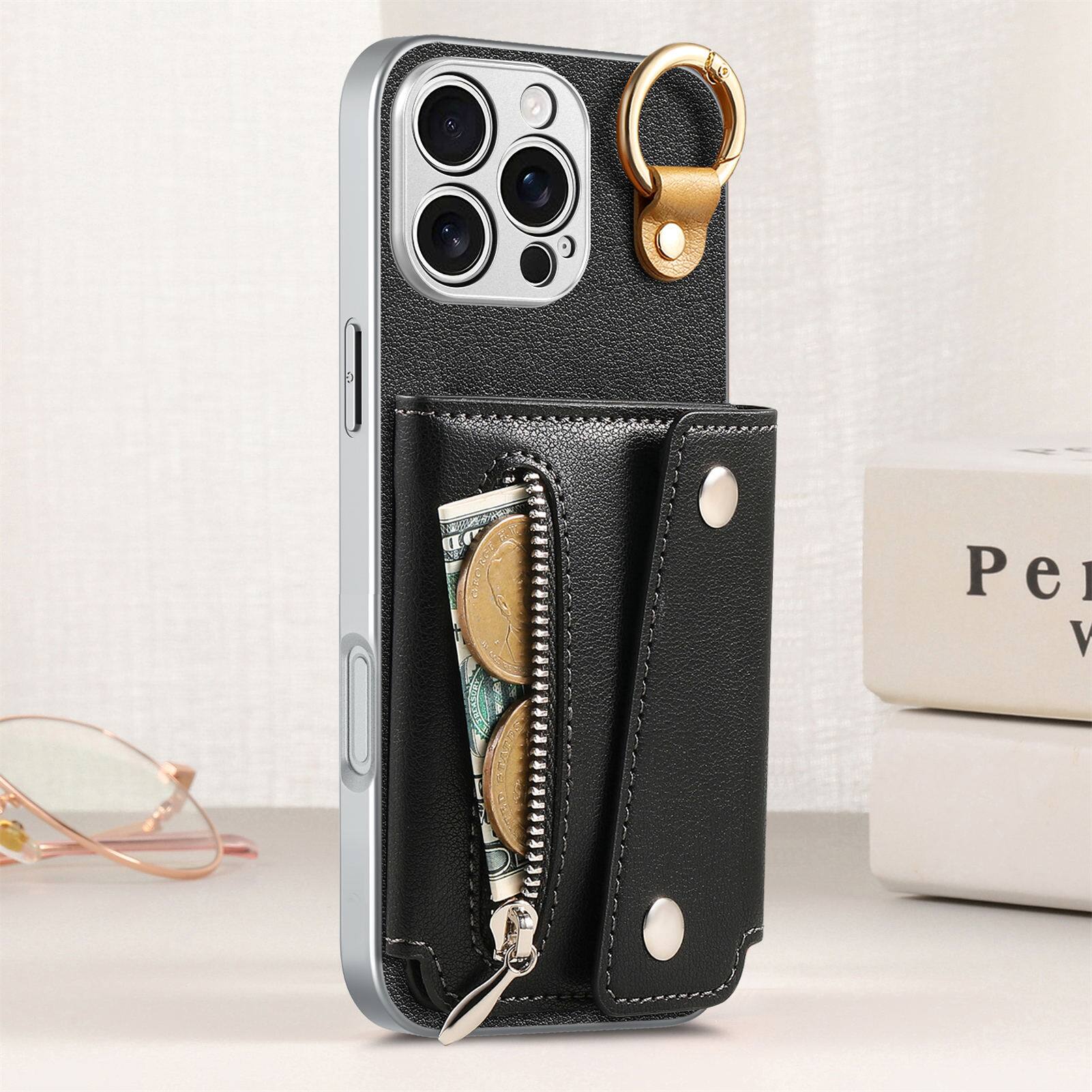 Alt View 7. Dteck - Zipper Wallet Card Purse Case For iPhone 16 Pro Max, Shockproof PU Leather PC+TPU Cash Credit Card Holder Cover - Black.