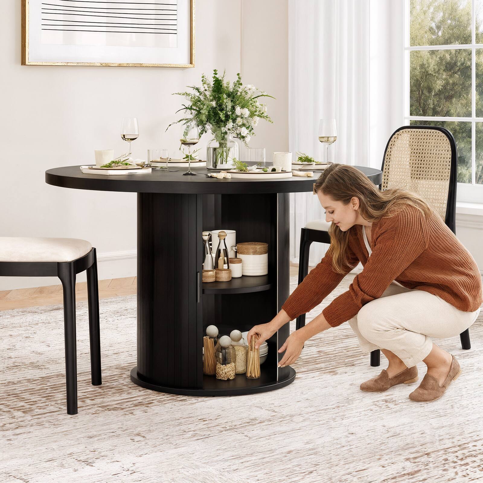 Alt View 4. PexFix - 43" Round Dining Table for 4, Small Wood Kitchen Table with Sturdy Metal Base, Modern for Dining Room/Apartments - Black.