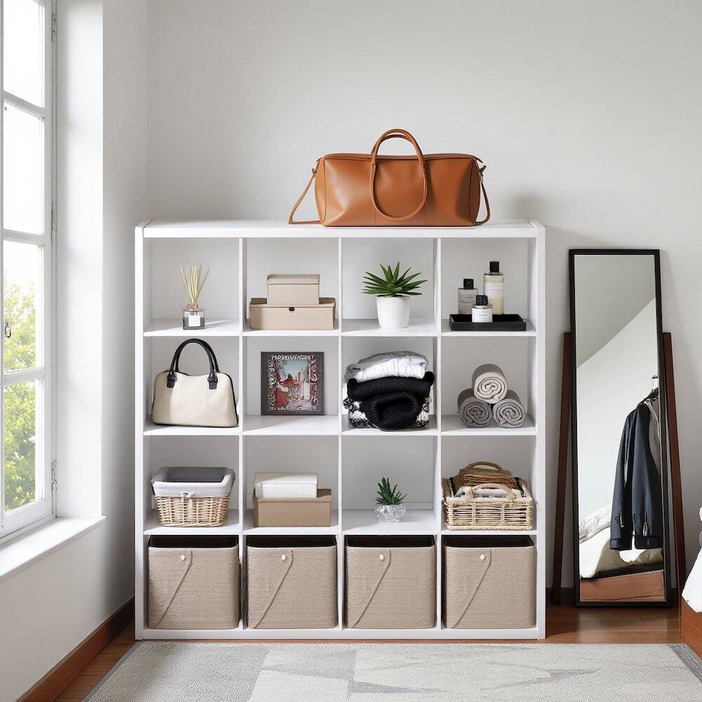 Left. FurniFact - White Engineered Wood 16 Cube Storage Organizer with Open Back Shelves - White.