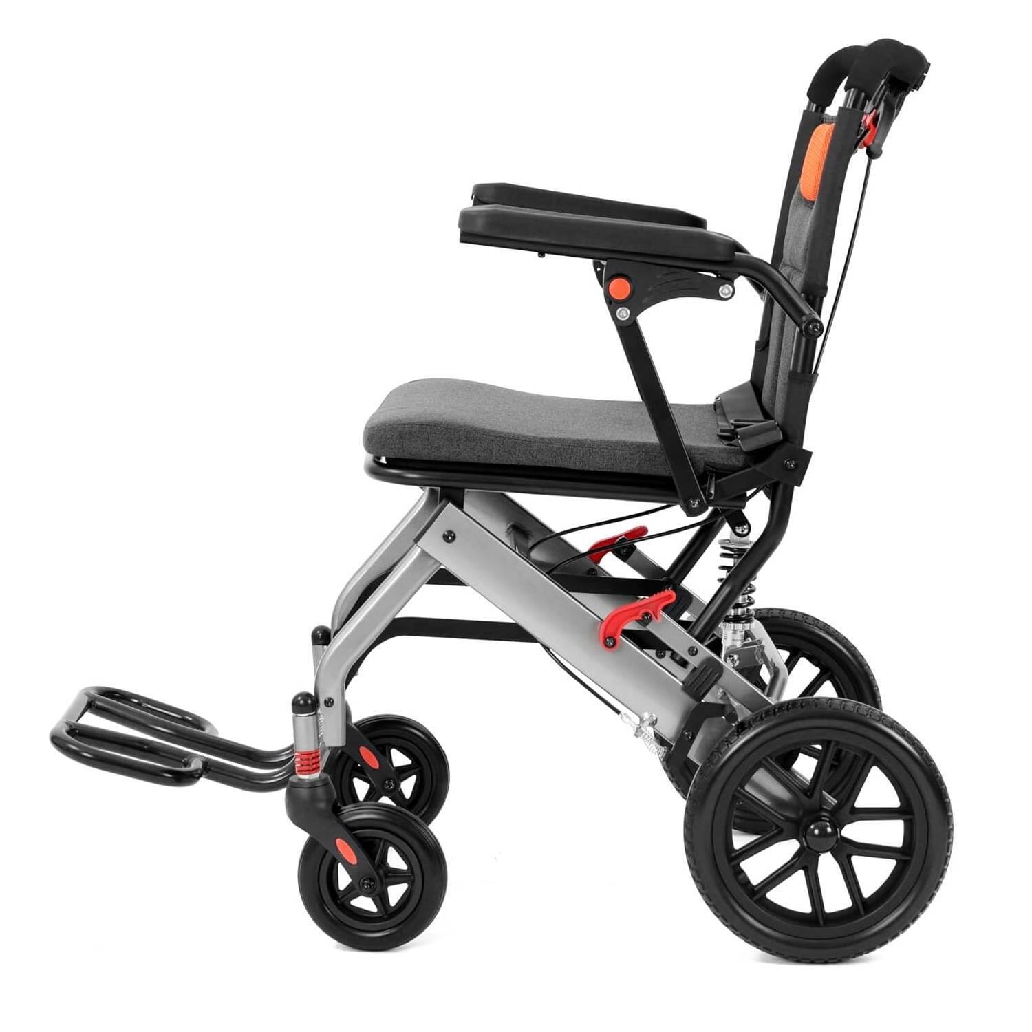 Front. Qeetex - 10 inch Portable Ultra-Lightweight Foldable, Transport Wheelchair with Locking Handbrake - Black+Orange.