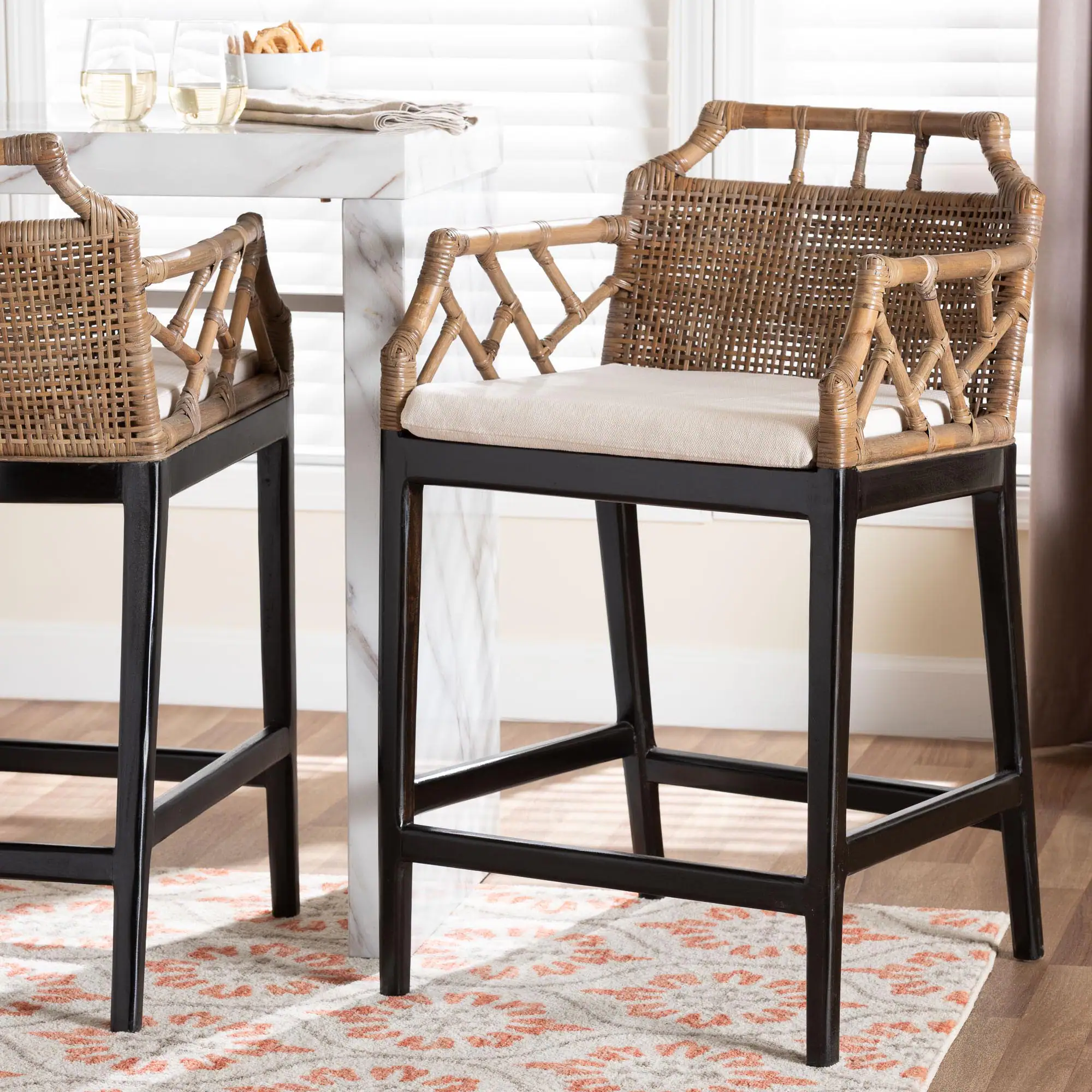 Alt View 4. bali & pari - Abiel Natural Rattan Counter Stool with Arms and Removable Cushion – Handwoven Wicker Stool with Mahogany Wood Frame - Greywash/Black.