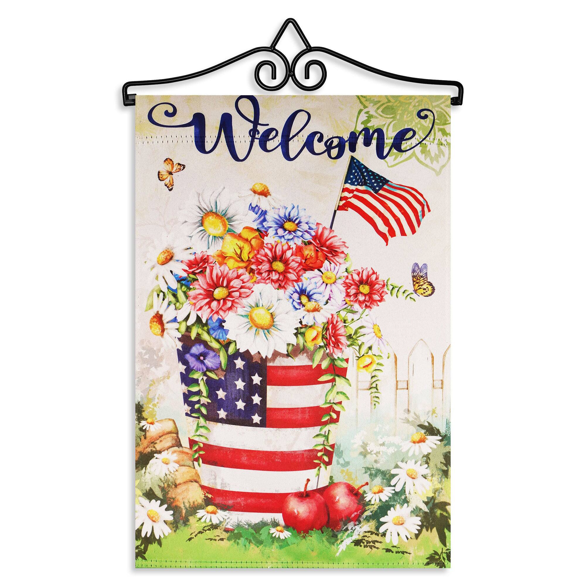 Front. G128 - Combo Garden Flag Hanger 14.2 in with 12 x 18 in 150D Printed Flag — Spring Bloom Flower Pot & Butterflies. - Multicolor.