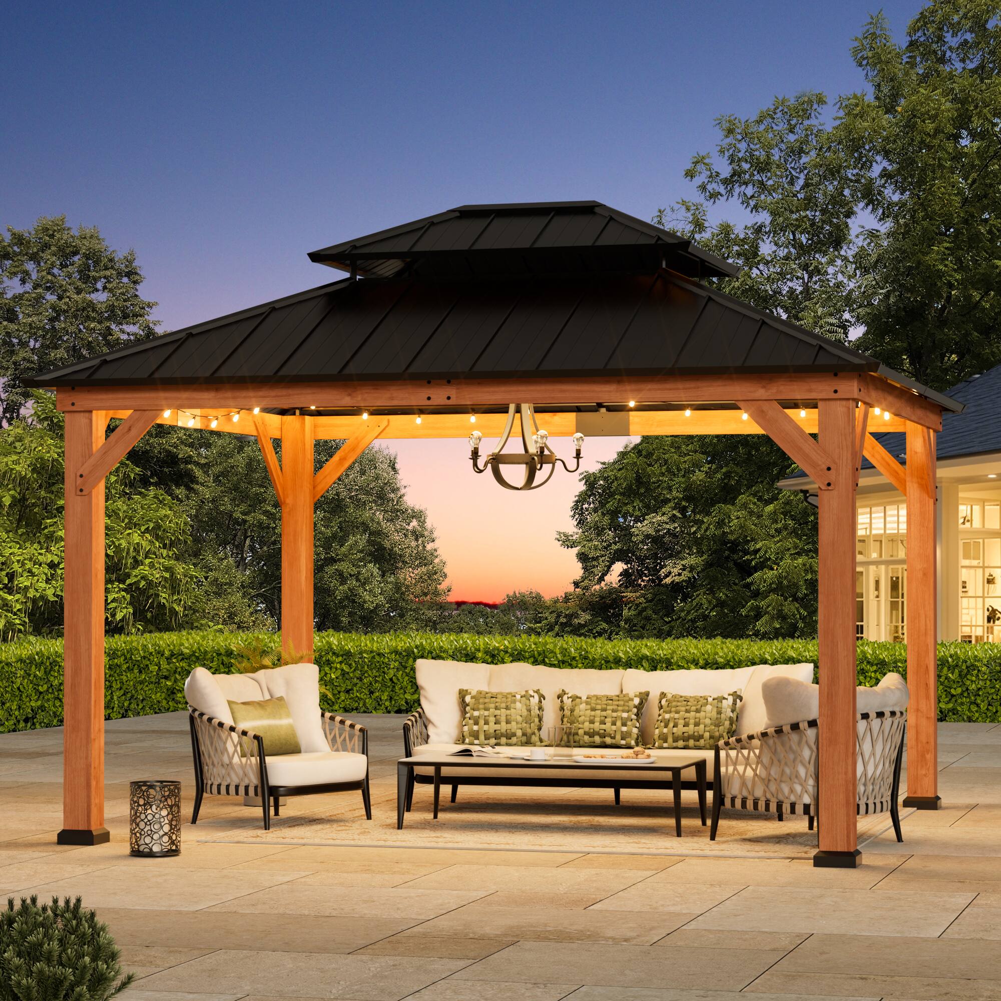 Angle. Modern Shade Outdoor Living Spaces - Modern Shade Rosewood Hardtop Gazebo 11' x 13' Cedar Framed Gazebo with Double Galvanize Roof - Brown+Black.