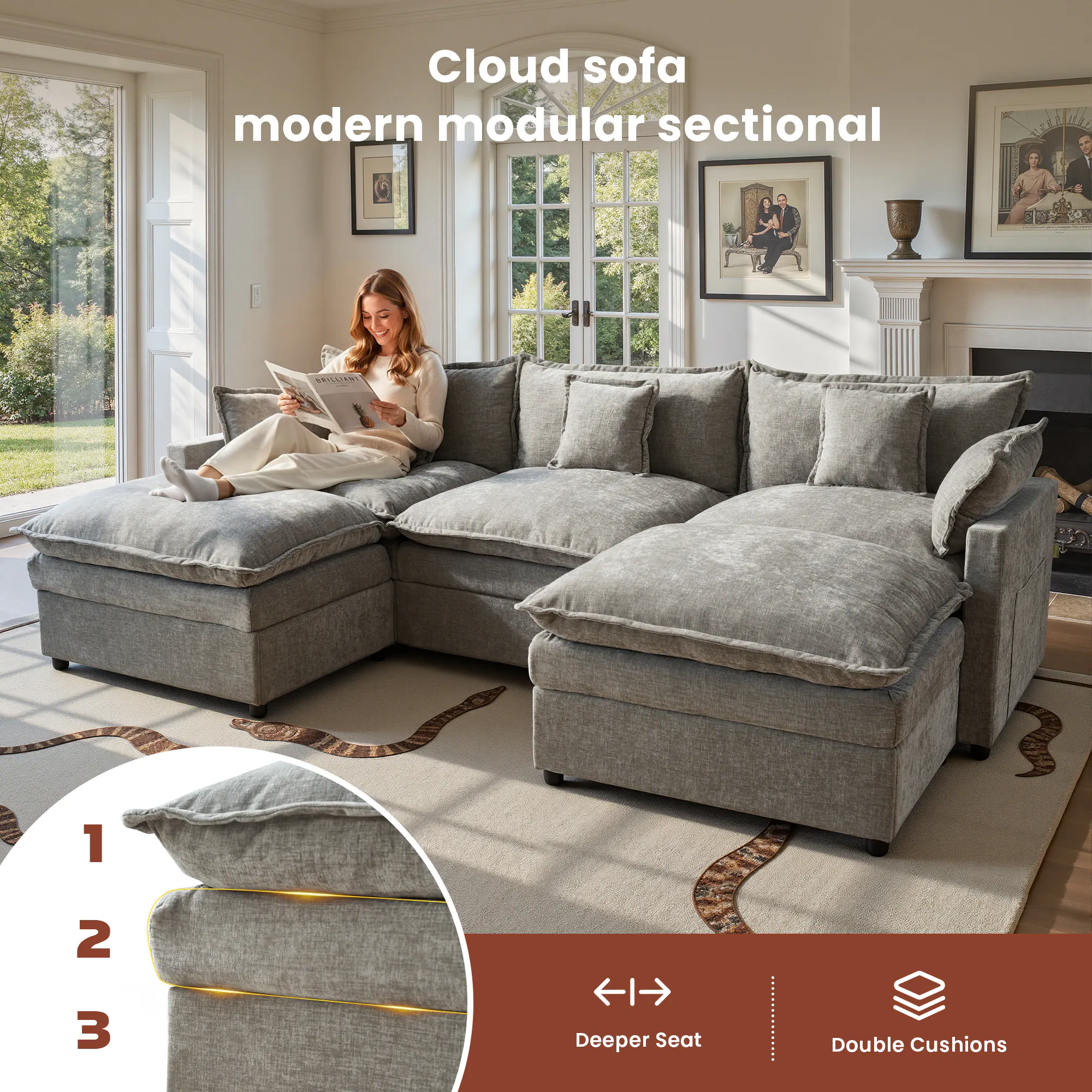 Cloud sofa modern modular sectional

1. Deeper Seat
2. Double Cushions