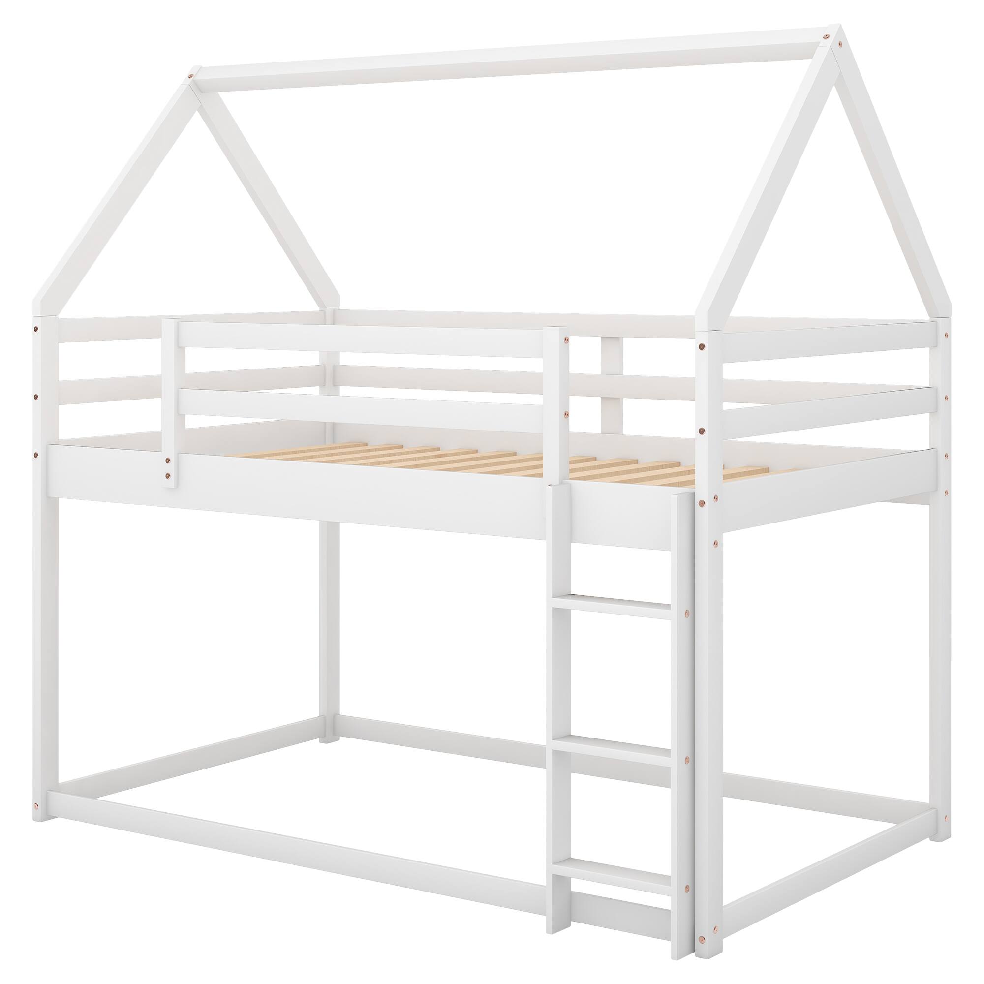 Alt View 1. Aukfa - Twin over Twin Low Bunk Bed, House Bed with Ladder - White.