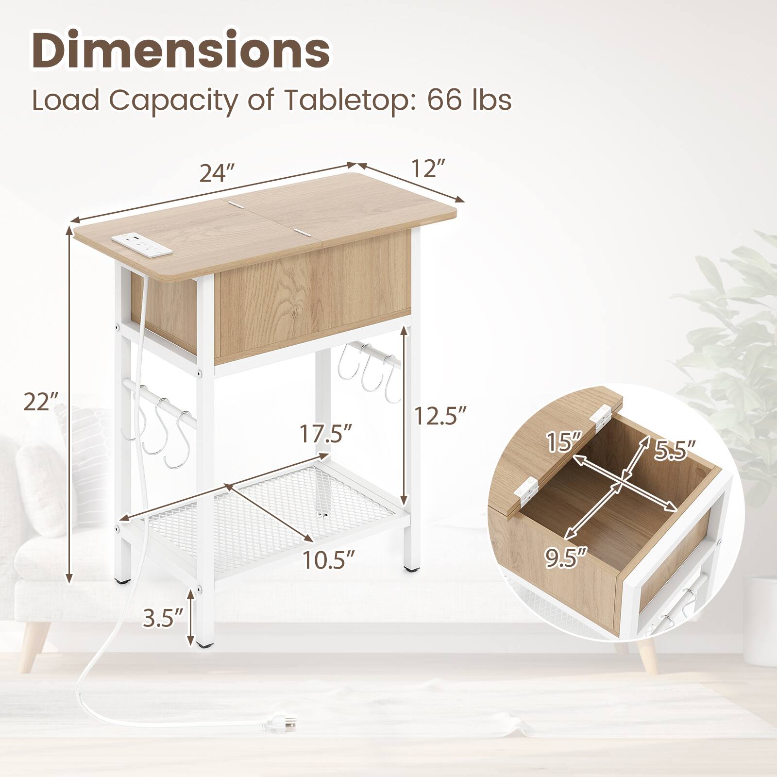 Dimensions  
Load Capacity of Tabletop: 66 lbs  
24" x 12" x 22" x 17.5" x 12.5" x 15" x 5.5" x 10.5" x 9.5" x 3.5"