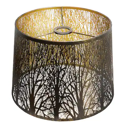 Front. Alucset - Large Metal Drum Lamp Shade for Table Floor Lamps, Etched Forest Pattern, Antique Bronze and Gold Plating, UNO Fitter - Antique Bronze & Gold.