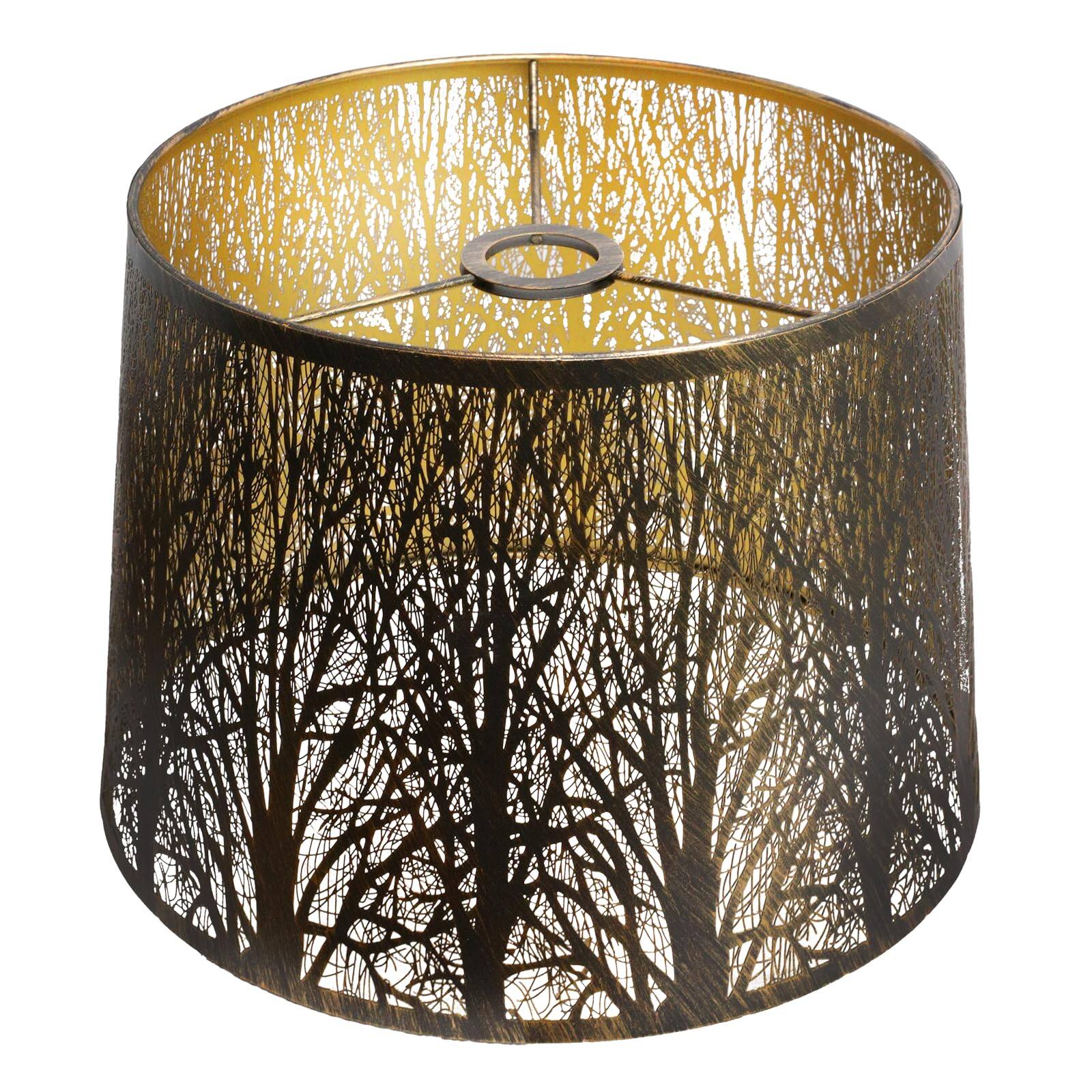 Front. Alucset - Large Metal Drum Lamp Shade for Table Floor Lamps, Etched Forest Pattern, Antique Bronze and Gold Plating, UNO Fitter - Antique Bronze & Gold.