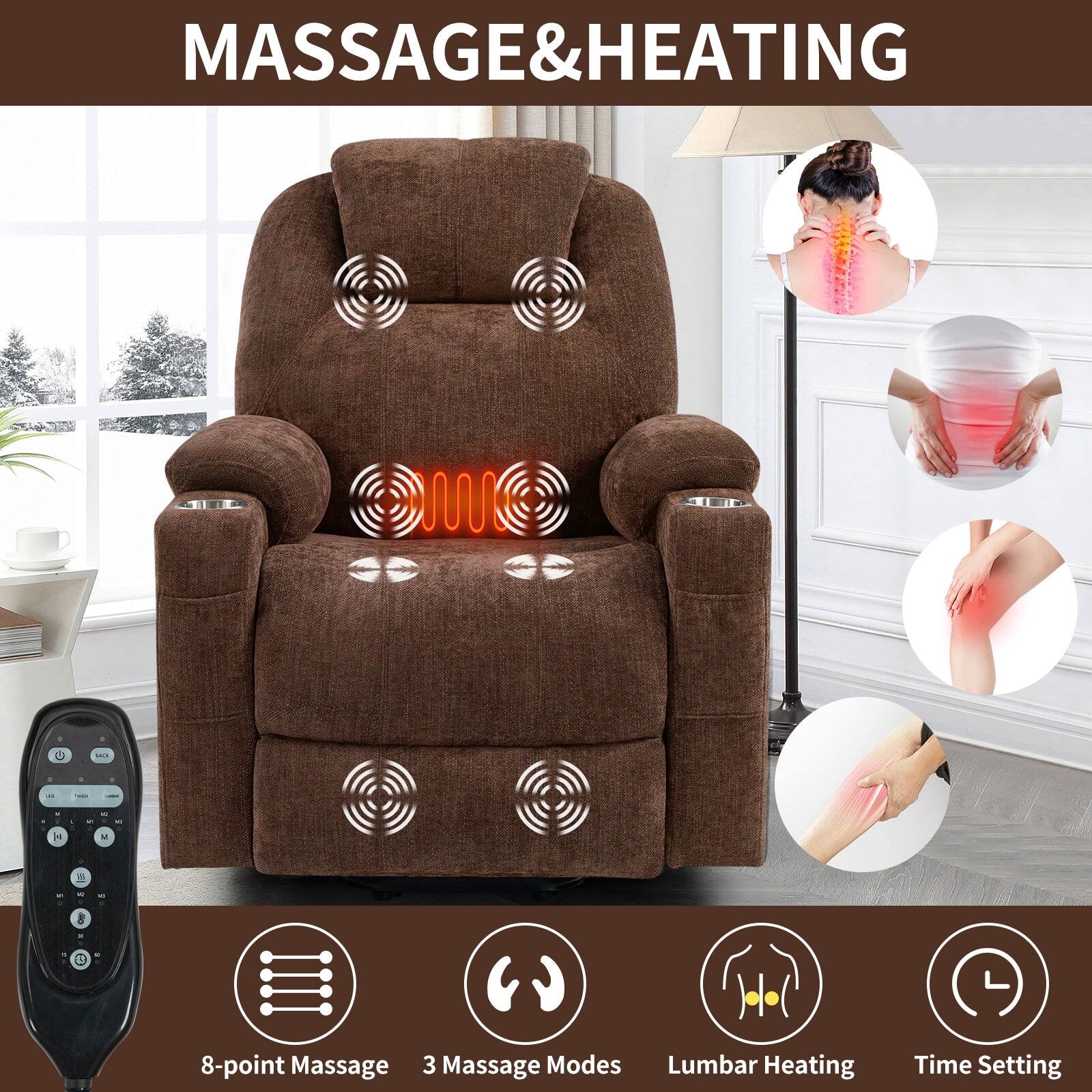 MASSAGE & HEATING: 8-Point Massage, 3 Massage Modes, Lumbar Heating, Time Setting