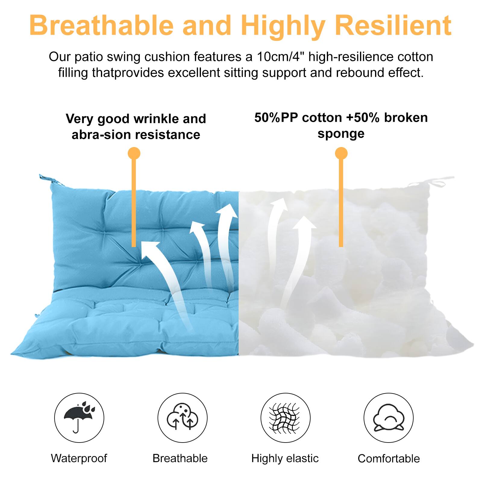 Breathable and Highly Resilient

Our patio swing cushion features a 10cm/4" high-resilience cotton filling that provides excellent sitting support and rebound effect.

Very good wrinkle and abrasion resistance

50% PP cotton + 50% broken sponge

Waterproof  
Breathable  
Highly elastic  
Comfortable