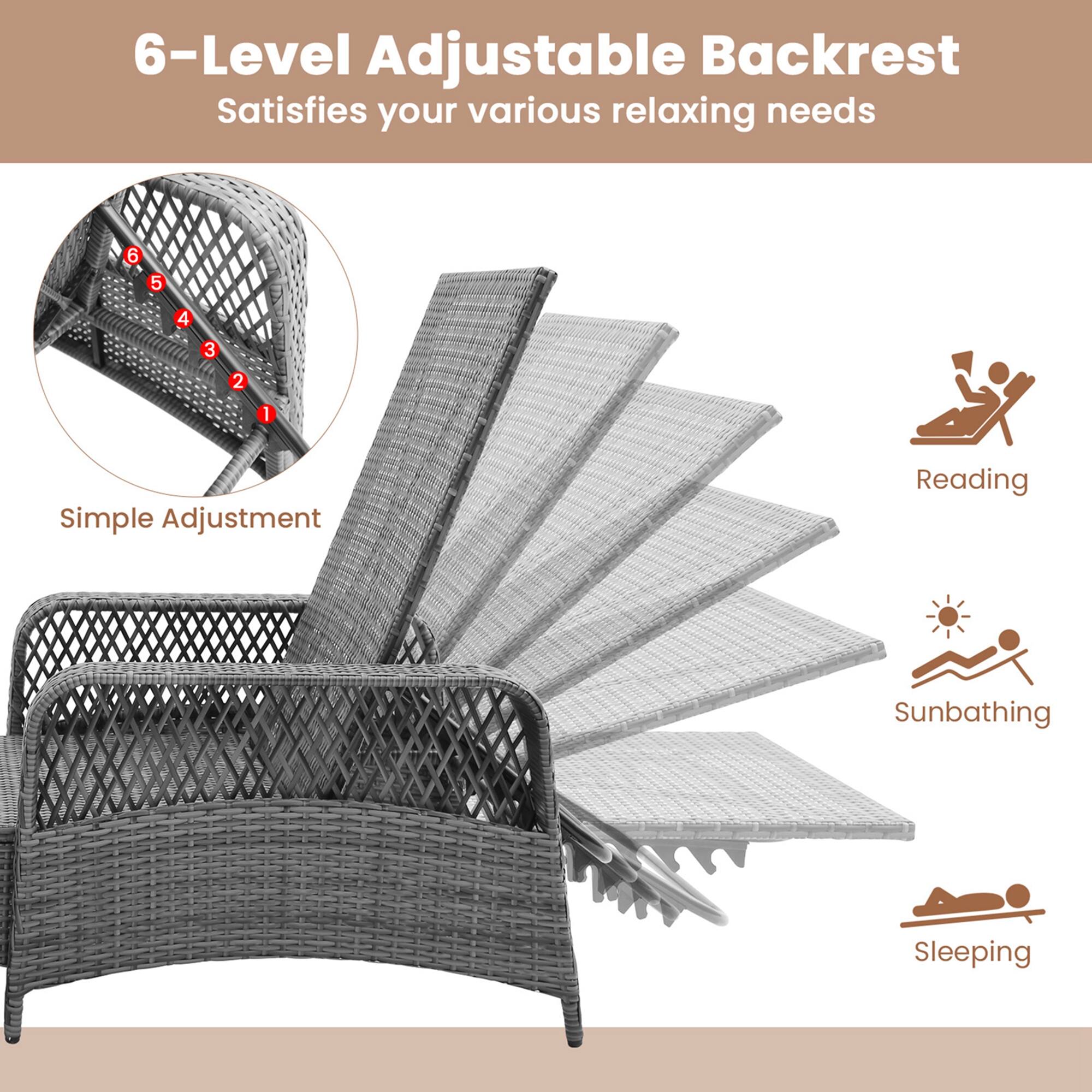 6-Level Adjustable Backrest
Satisfies your various relaxing needs

Simple Adjustment
Reading
Sunbathing
Sleeping