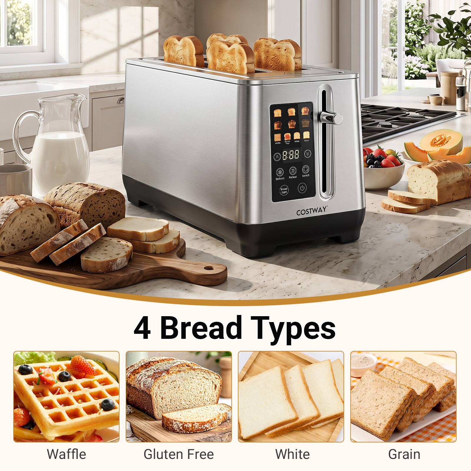 A 8:88  
39 Salch Defvist  
PM age  
COSTWAY  
4 Bread Types  
Waffle  
Gluten Free  
White  
Grain