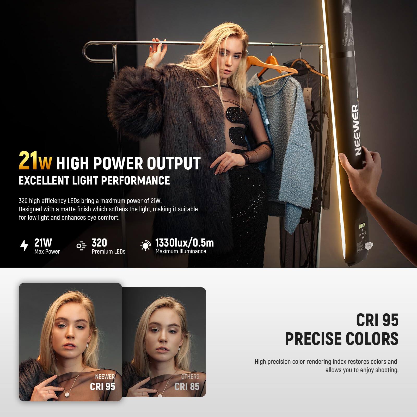 21W HIGH POWER OUTPUT  
EXCELLENT LIGHT PERFORMANCE  

320 high efficiency LEDs bring a maximum power of 21W. Designed with a matte finish which softens the light, making it suitable for low light and enhances eye comfort.  

21W Max Power  
320 Premium LEDs  
1330lux/0.5m Maximum Illuminance  

CRI 95  
PRECISE COLORS  

High precision color rendering index restores colors and allows you to enjoy shooting.