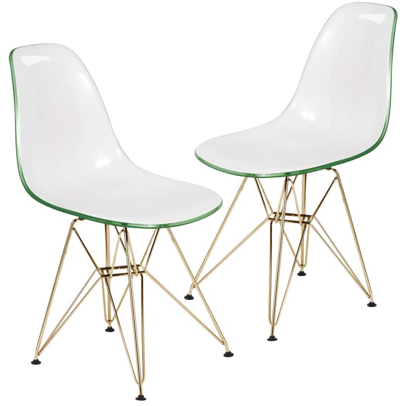 LeisureMod - Cresco 2-Pieces Acrylic Dining Chair with Curved Seat and Durable Gold Metal Legs - White Green