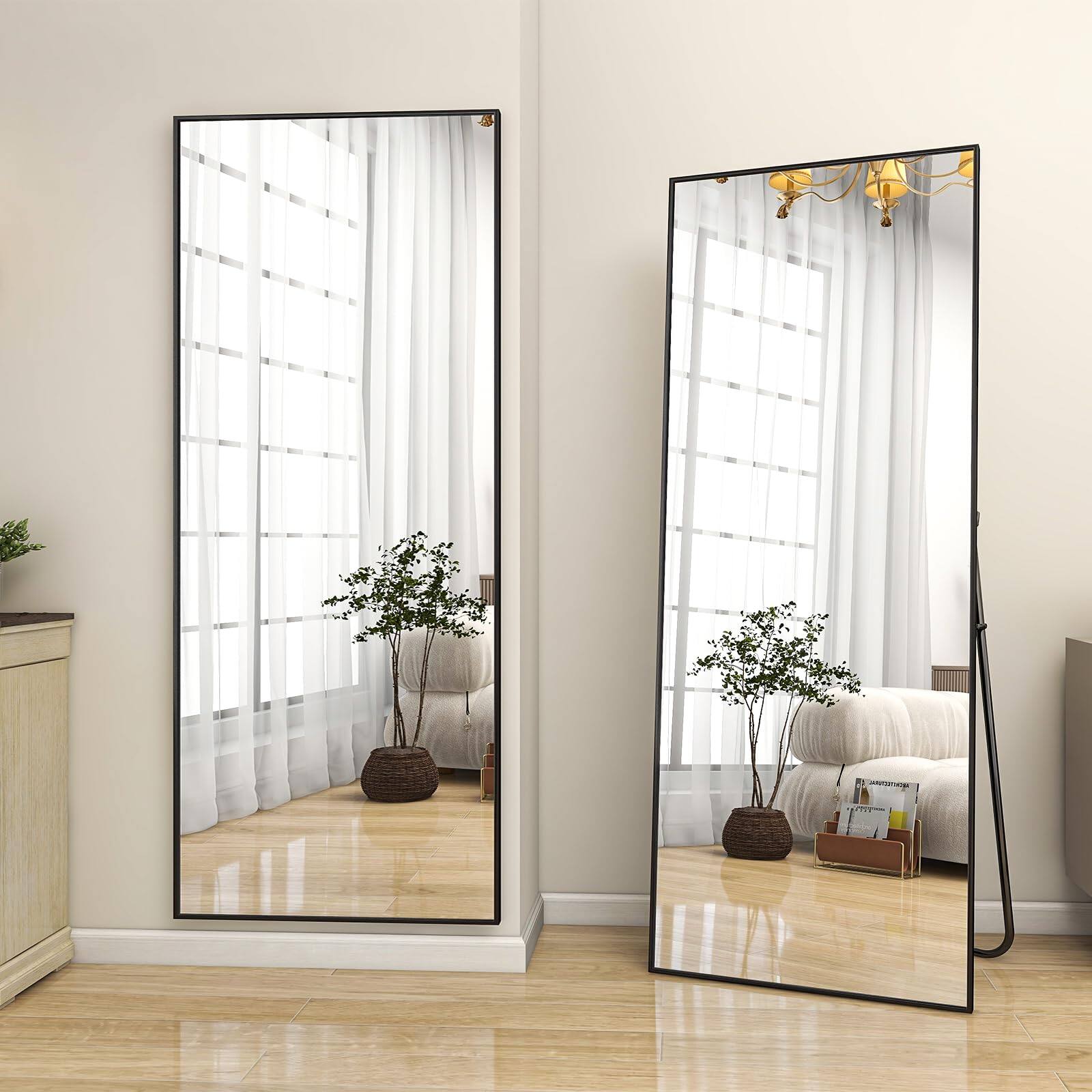 Angle. HOMLUX - Full Length Rectangle Floor Mirror Black Aluminum Frame Free Standing Wall Mounted for Bedroom.