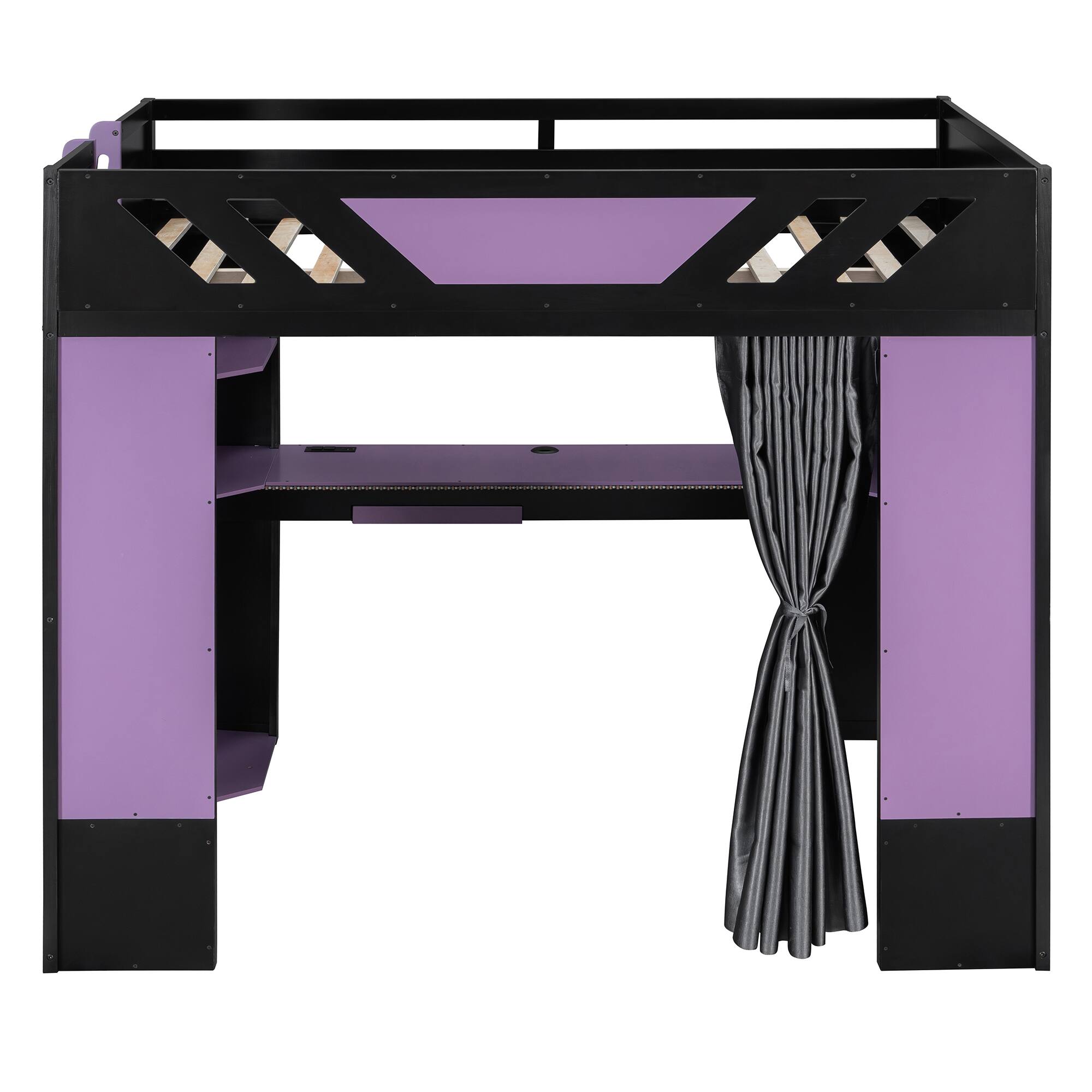 Back. Anysun - Full Size Wood Loft Bed with,Shelves,Blackout Curtains,and RGB Lights - Purple.