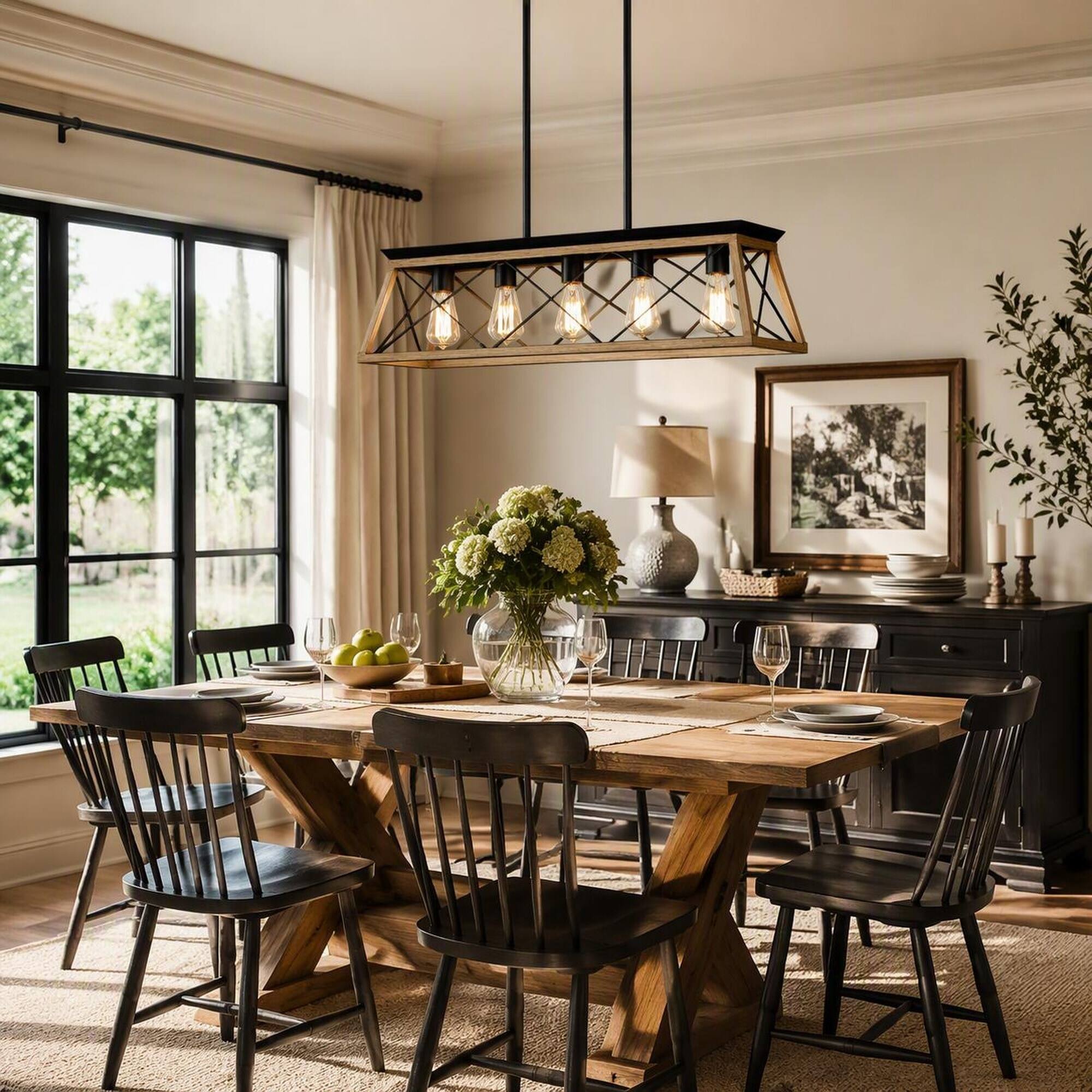 Left. RYHNUYNE - 32-Inch Oak Finish Industrial 5-Light Pendant Chandelier, Modern Cage Metal Shade, Adjustable Height for Dining Room.