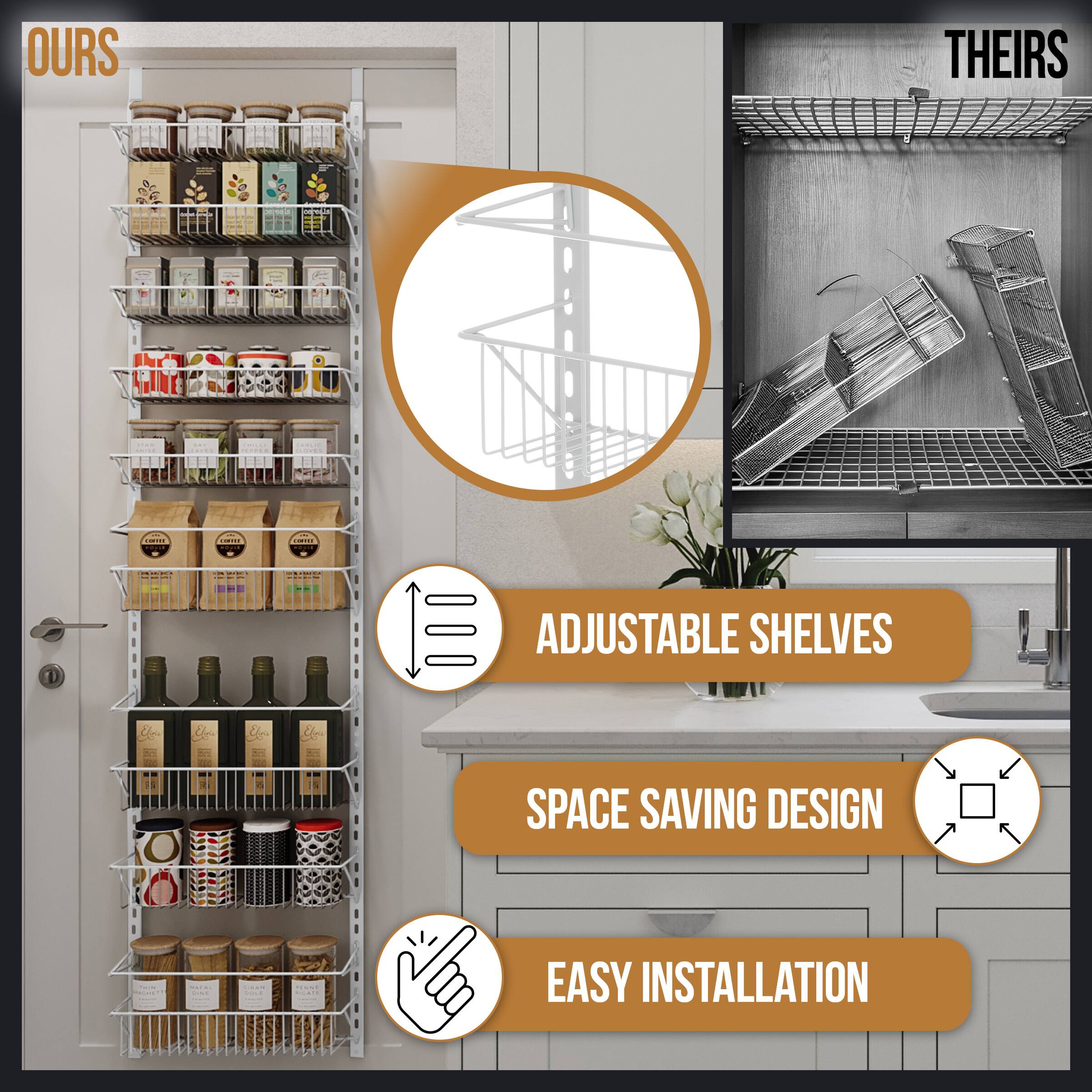 - OURS
- THEIRS
- ADJUSTABLE SHELVES
- SPACE SAVING DESIGN
- EASY INSTALLATION