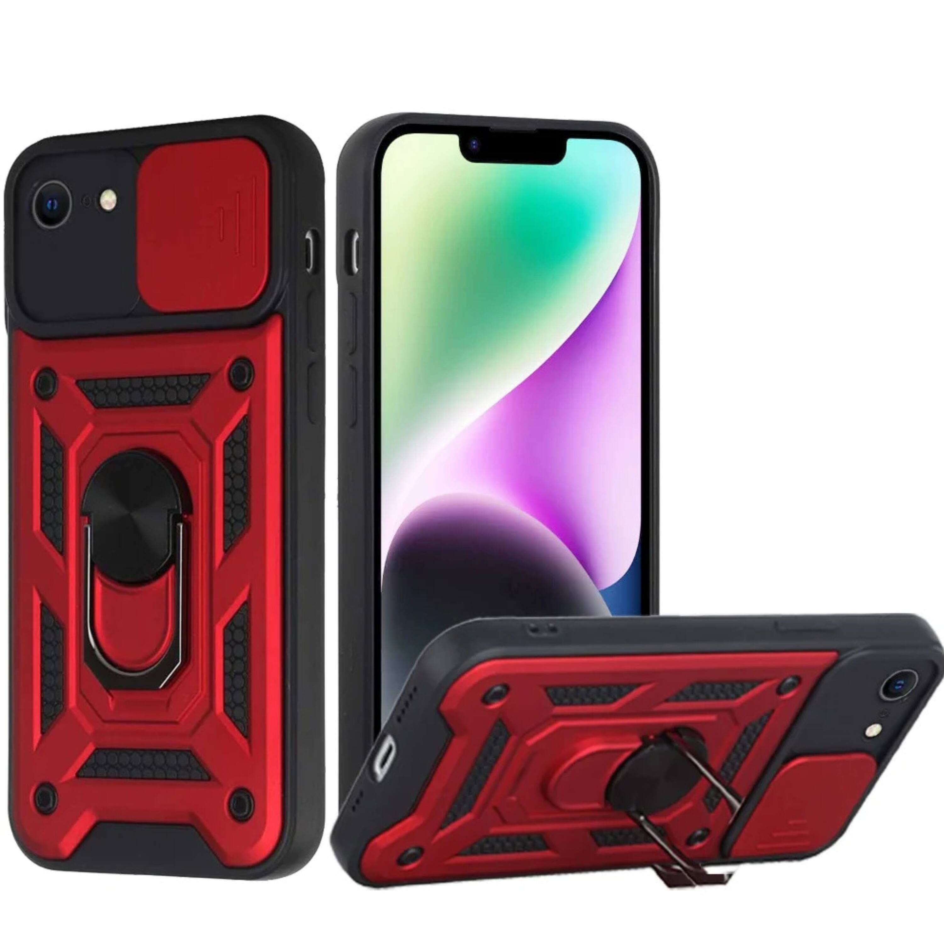 Front. Kitcheniva - Sliding Lens Cover Metal Ring Stand Case With Tempered Glass For iPhone 16e 17e Red - Red.