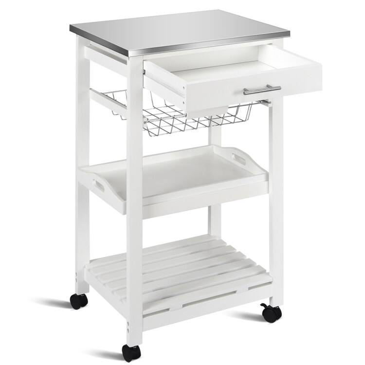SlickBlue - Rolling Kitchen Island with Stainless Steel Top and Convenient Basket - White