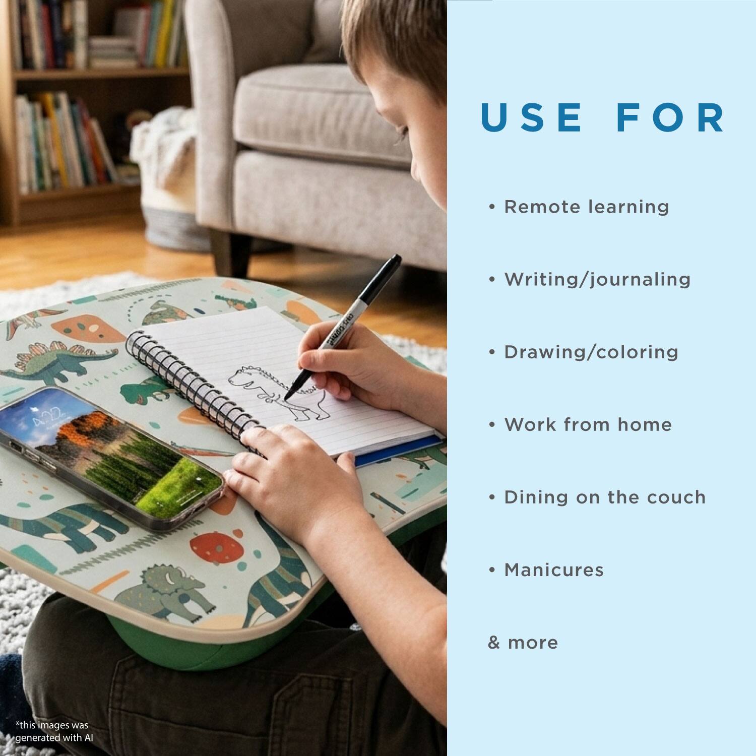 USE FOR

- Remote learning
- Writing/journaling
- Drawing/coloring
- Work from home
- Dining on the couch
- Manicures
- & more

*This image was generated with AI