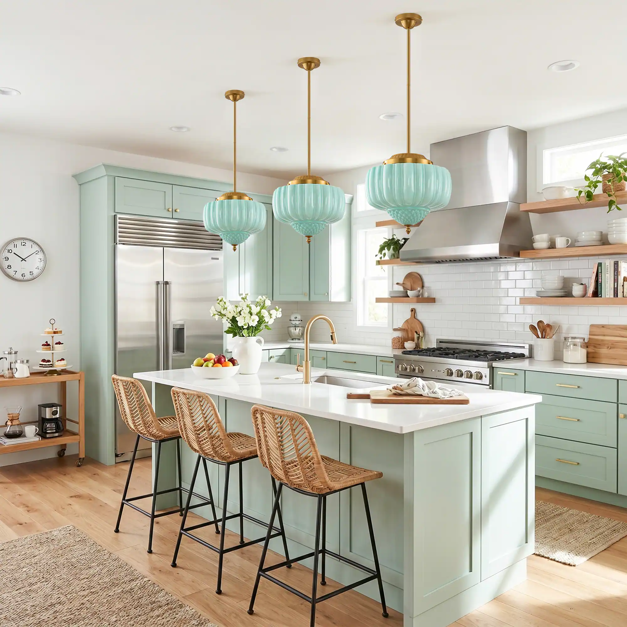 Angle. Parrot Uncle - 13-Inch Vintage Green Ribbed Opal Glass 3-Light Schoolhouse Pendant Ceiling Light - Gold.