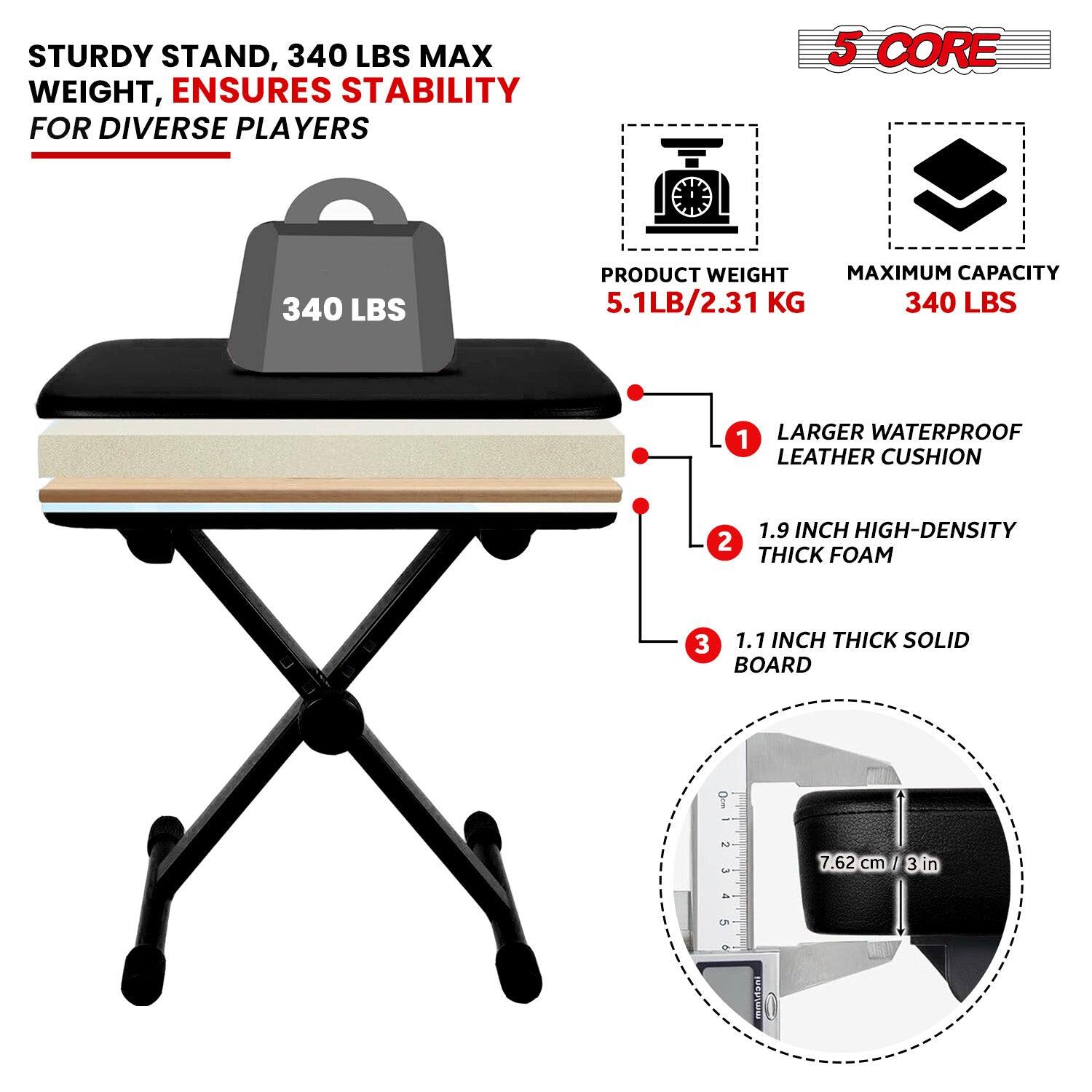 STURDY STAND, 340 LBS MAX WEIGHT, ENSURES STABILITY FOR DIVERSE PLAYERS
5 CORE
PRODUCT WEIGHT 5.1LB/2.31 KG
MAXIMUM CAPACITY 340 LBS
1 LARGER WATERPROOF LEATHER CUSHION
2 1.9 INCH HIGH-DENSITY THICK FOAM
3 1.1 INCH THICK SOLID BOARD
7.62 cm/3in