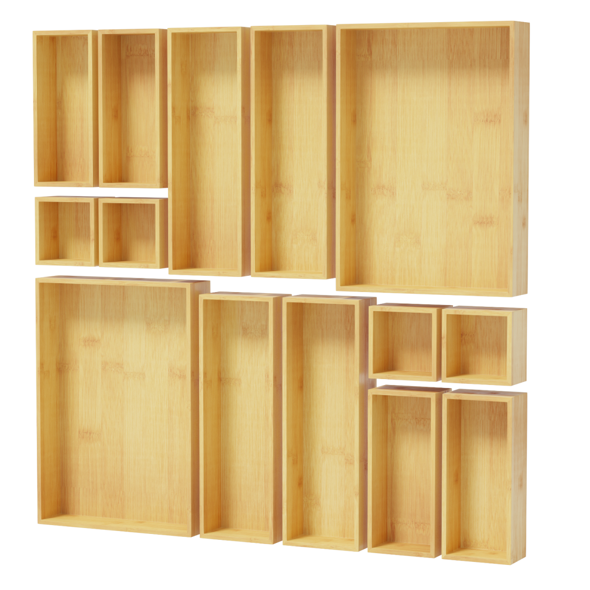 Tooloton - Bamboo Drawer Organizer Set, 14-Piece Wooden Trays for Kitchen, Bathroom, Office and Makeup Storage - Natural