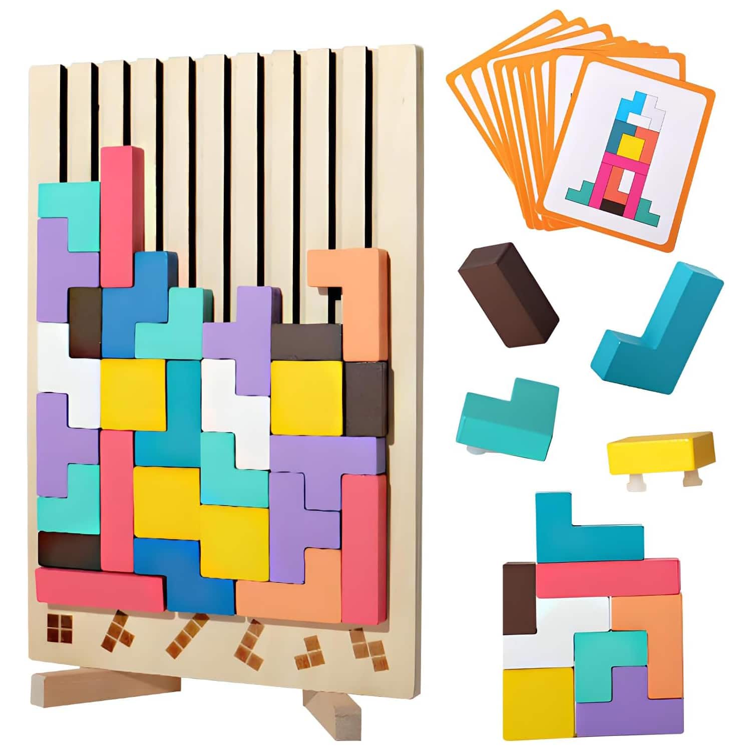 Auledio - Wooden Puzzle Tetris Educational Toy Montessori Games 3 4 5 6 Years,Geometric Blocks Tetris Christmas Gift for Kids - Multicolor