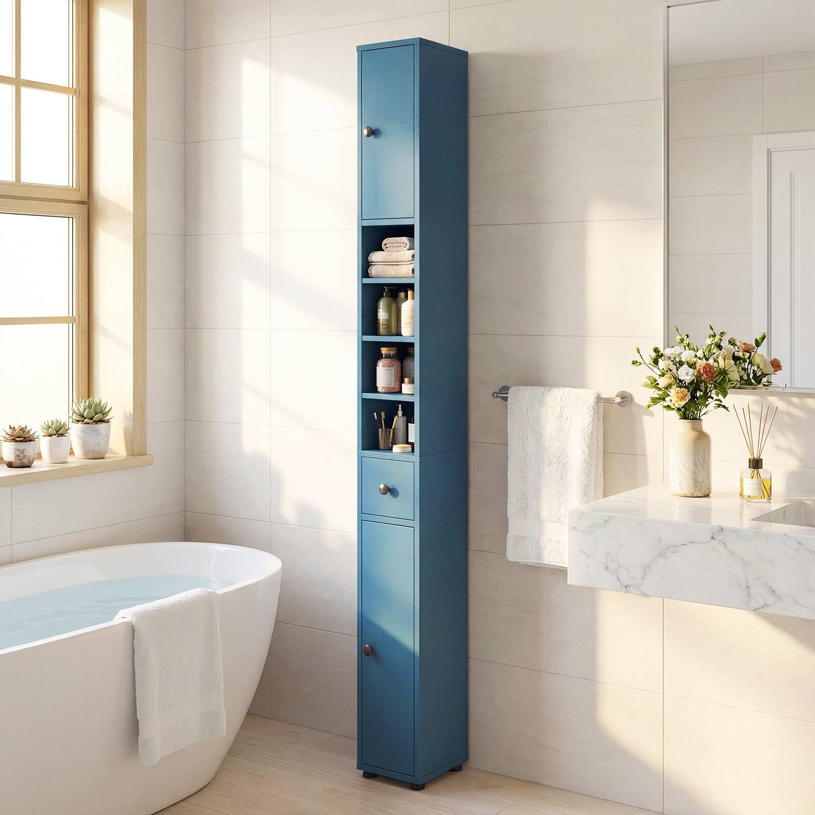 Alt View 3. Costway - Costway Slim Bathroom Tall Cabinet with 2 Doors, 1 Drawer & 5 Adjustable Shelves for Home - Blue.