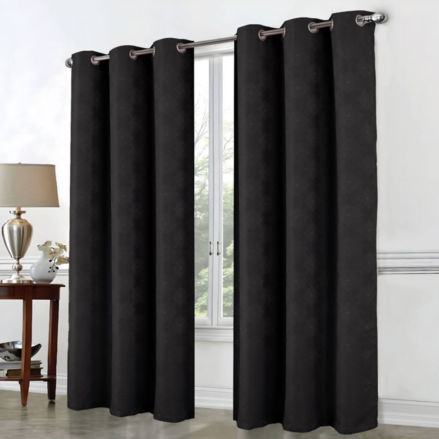 Angle. RT Designers Collection - RT Designers Collection Celeste Shimmer Jacquard Polyester Grommet 2 Pack Window Curtain Panel Set 36" x 84" Black - Black.
