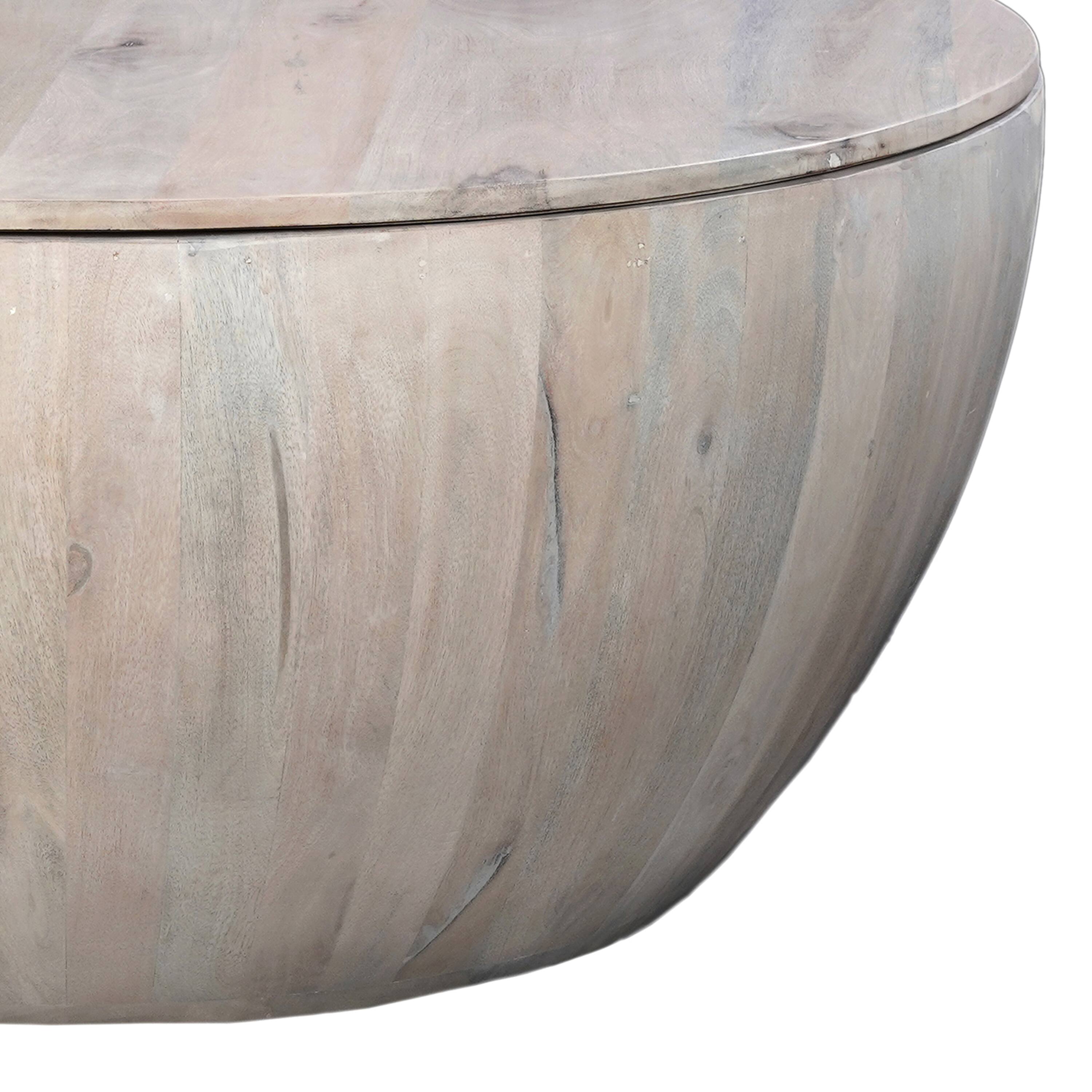 Alt View 5. Manhattan Lane - 37 Inch Round Coffee Table, Handcrafted Drum Shape with Storage, Washed White Mango Wood - White.