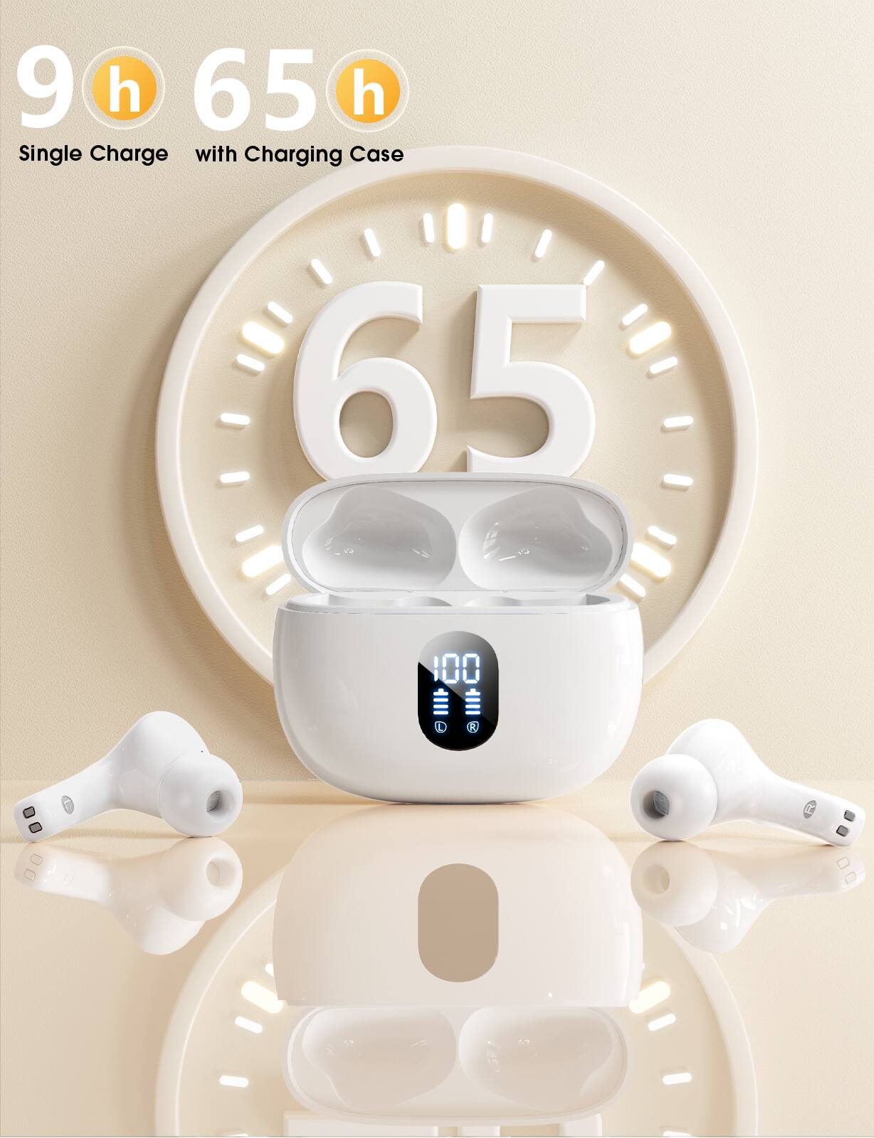 9 h  
65 h  
Single Charge with Charging Case