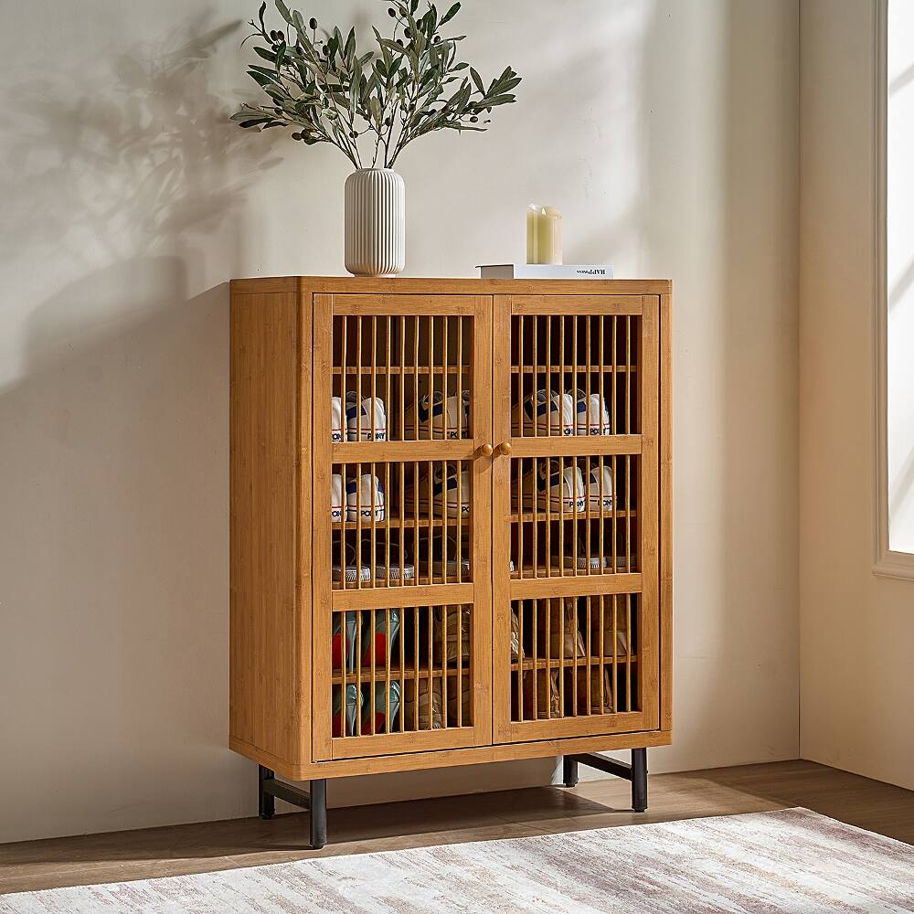 Front. Loheer - Loheer 6-tier entryway shoe cabinet with Shutter Doors, Modern wooden rack organizer, Natural Finish - Natural.