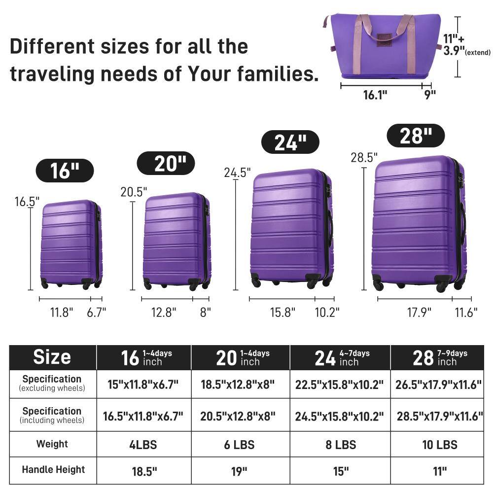 Different sizes for all the traveling needs of Your families.

16"  
16.5" (extend)  
11.8" x 6.7"  
16.5" x 11.8" x 6.7"  
4 LBS  
18.5" Handle Height

20"  
20.5" (extend)  
12.8" x 8"  
20.5" x 12.8" x 8"  
6 LBS  
19" Handle Height

24"  
24.5" (extend)  
15.8" x 10.2"  
24.5" x 15.8" x 10.2"  
8 LBS  
15" Handle Height

28"  
28.5" (extend)  
17.9" x 11.6"  
28.5" x 17.9" x 11.6"  
10 LBS  
11" Handle Height

Size  
16 inch (1-4 days)  
20 inch (1-4 days)  
24 inch (
