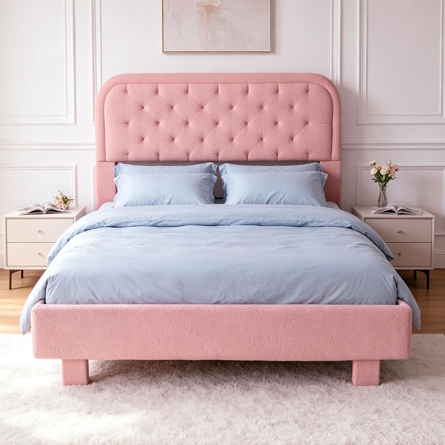 Alt View 7. Winado - Bed Frame with Headboard,Cozy Soft Platform Bed with Wooden Slats Support Cream Modern Style,Noise Free,Rounded Corners - Full-Pink.