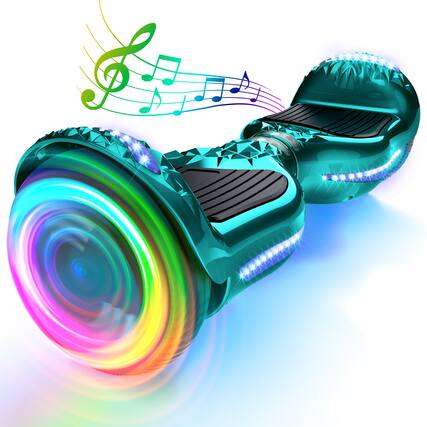Front. Hover Heart - 6.5" Hoverboard Self-Balancing Electric Scooter with Bluetooth Speaker & LED Lights, Fun Gift for Kids, Teens & Adults - Chrome Green.