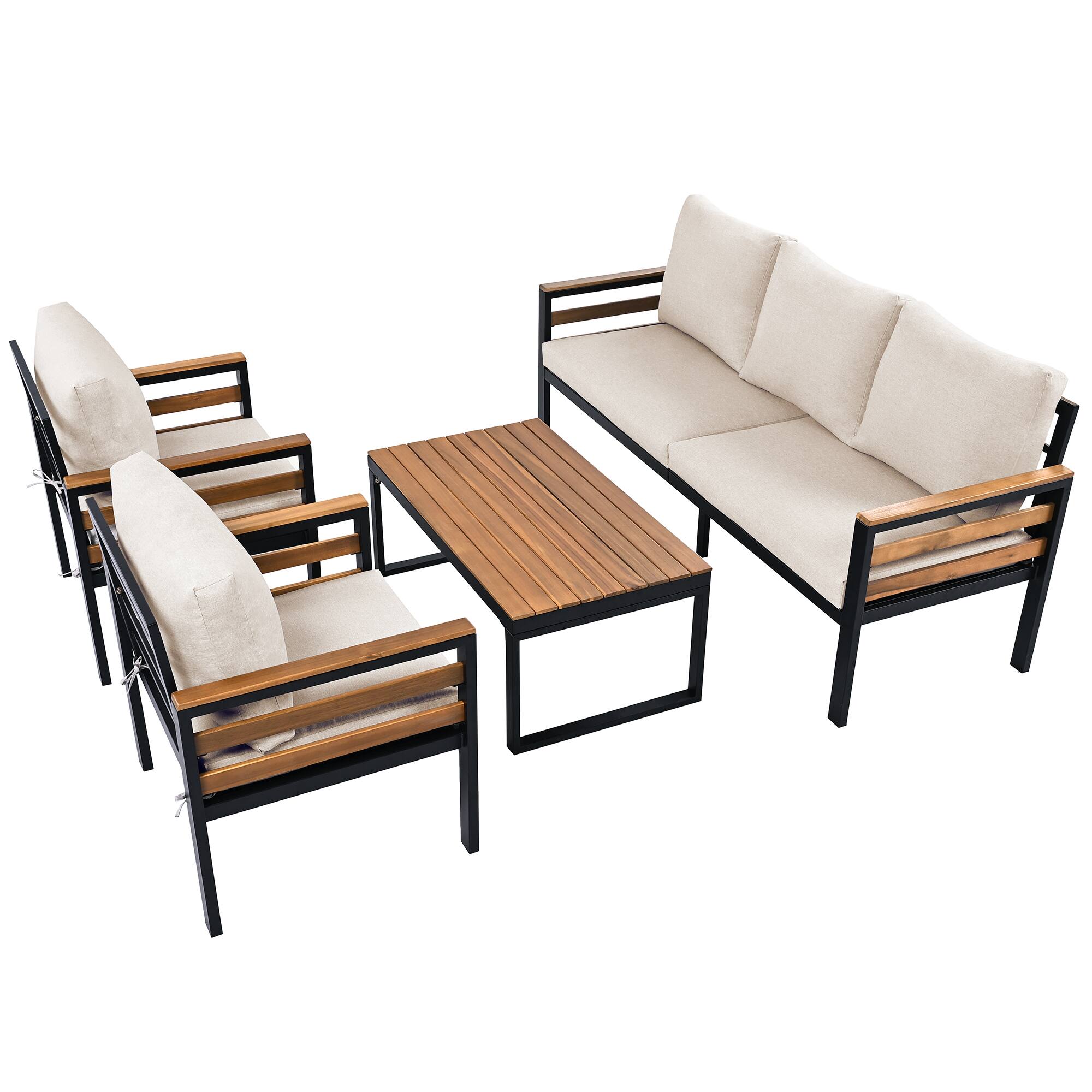 Alt View 4. Whisen - 4-Piece Outdoor Patio Furniture Set, 5-Seater Conversation Set with Acacia Wood Armrests and Coffee Table - Beige.